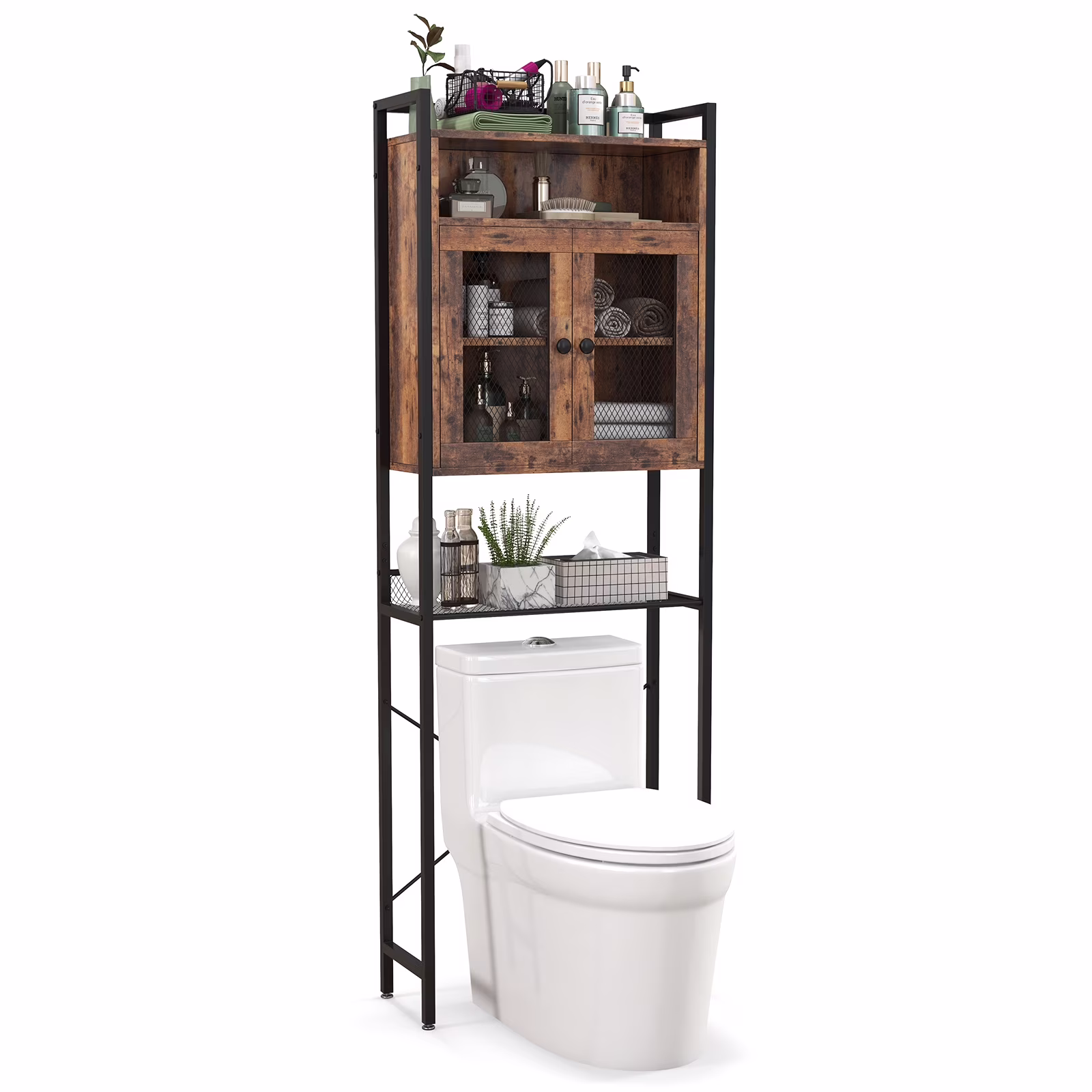 Topbuy Over the Toilet Storage Cabinet 5 - Tier Bathroom Toilet Organizer W/2 Metal Mesh Doors & 3 - Position Adjustable Shelf