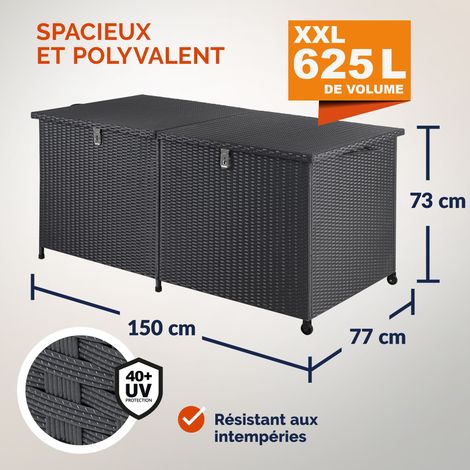 Coffre de rangement en polyrotin 625 litres XXL sur roulettes Coffre de jardin Coffre de coussin Banc noir Vérins à gaz — vue 3