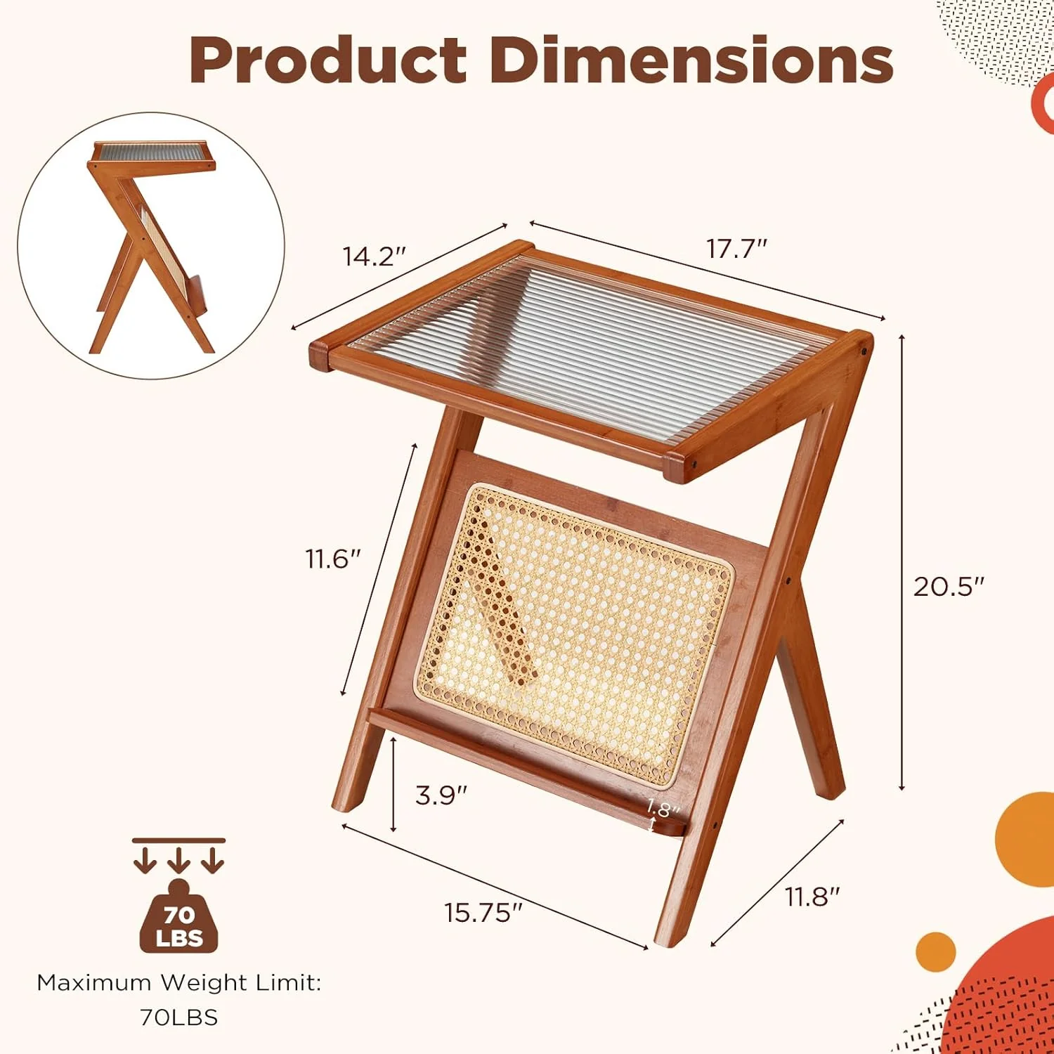 AECOJOY Rattan Side Table Set of 2, Rattan End Table Z-Shaped Boho Nightstand with Glass-top