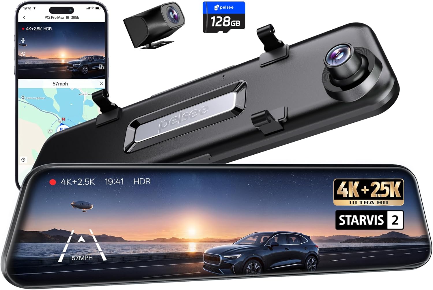 Pelsee 4K+2.5K Mirror Dash Cam with Front Starvis 2 IMX678 & Rear IMX335  12