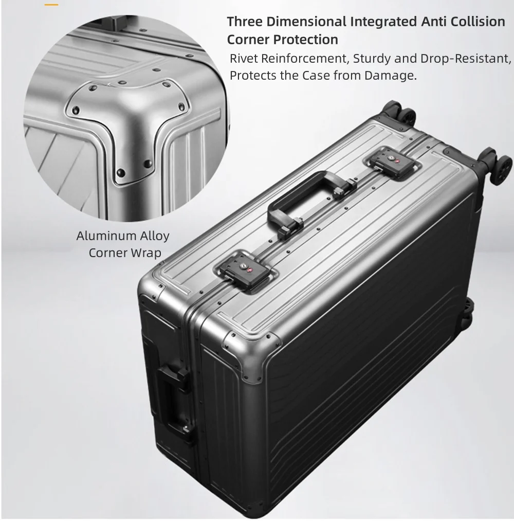 All Aluminum Magnesium Hardshell Carry on Luggage with Wheels, Modern Zipperless Hardshell Checked Luggage with TSA Lock, Airline Approved Metal Suitcase Travel Metal Rolling Luggage