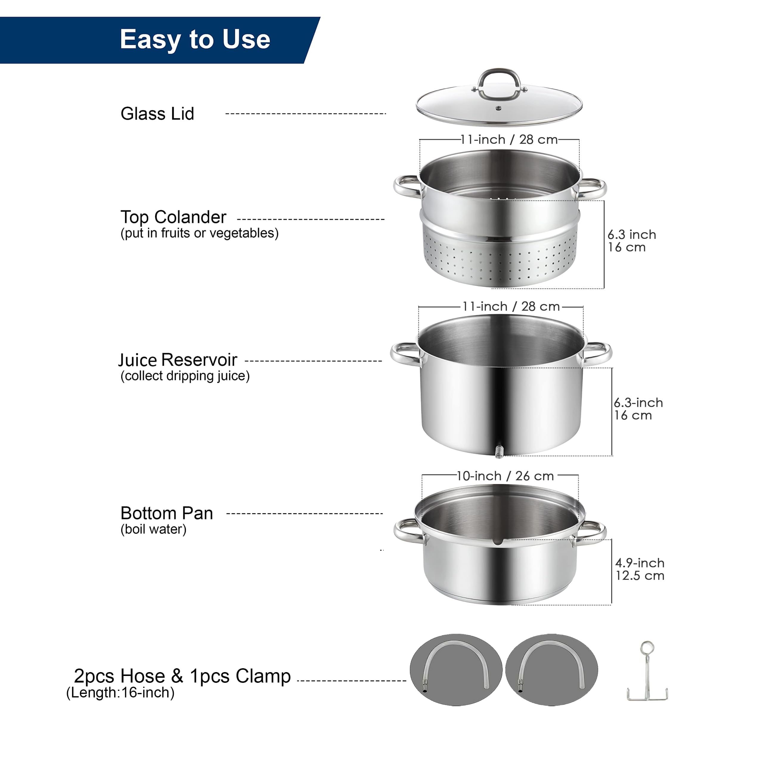 Steam Juicer Pot 11 Quart Stainless Steel | Steam Canner for Fruit & Vegetable Juice Extraction, Multipot for Jelly, Sauce, Syrup & Home Canning with Glass Lid