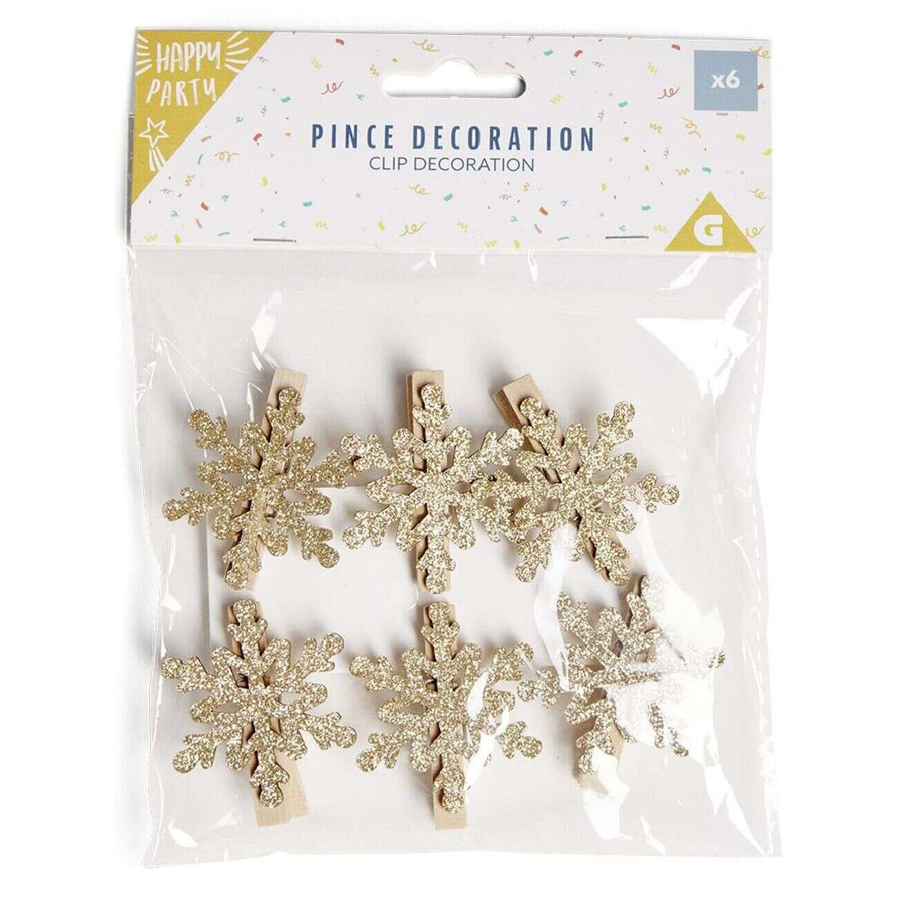 Pince de décoration flocon de neige doré x6