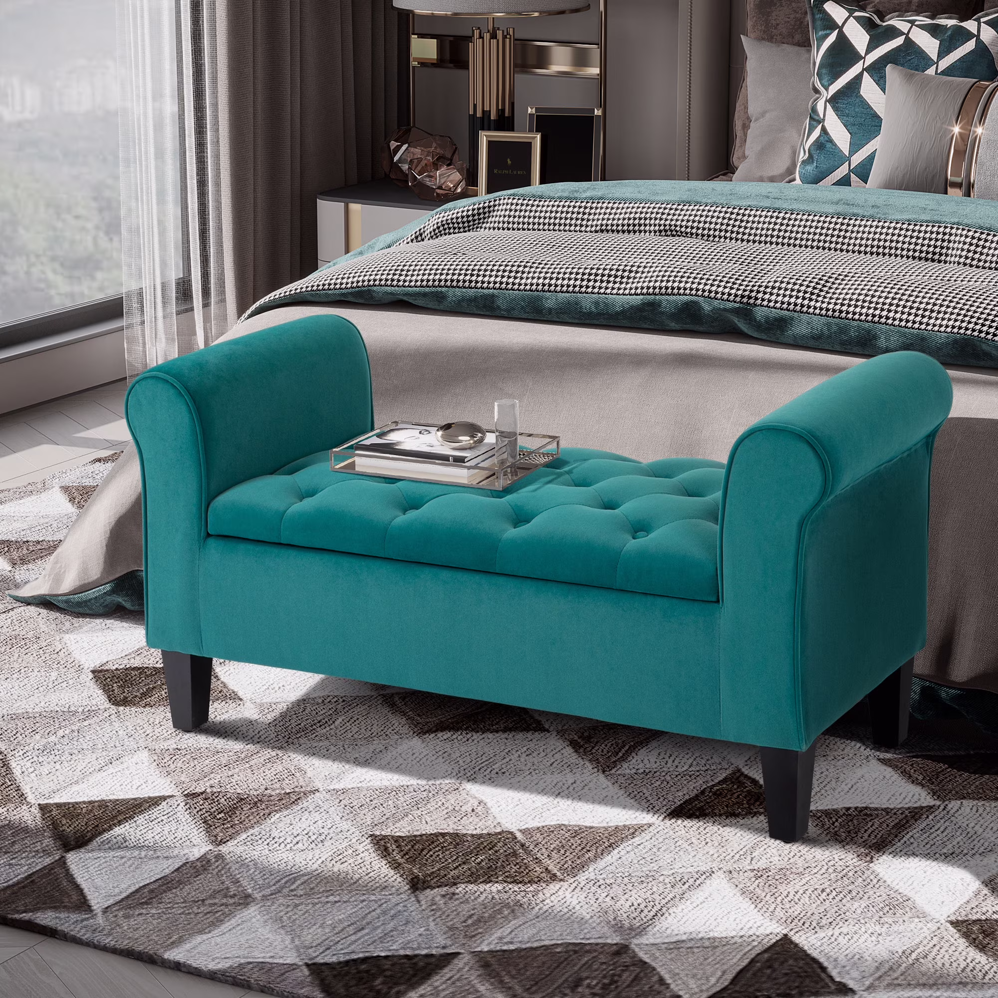 HOMCOM Button-Tufted Storage Ottoman Bench, Upholstered Bench with Rolled Armrests for Living Room or Hallway, Blue(Blue)