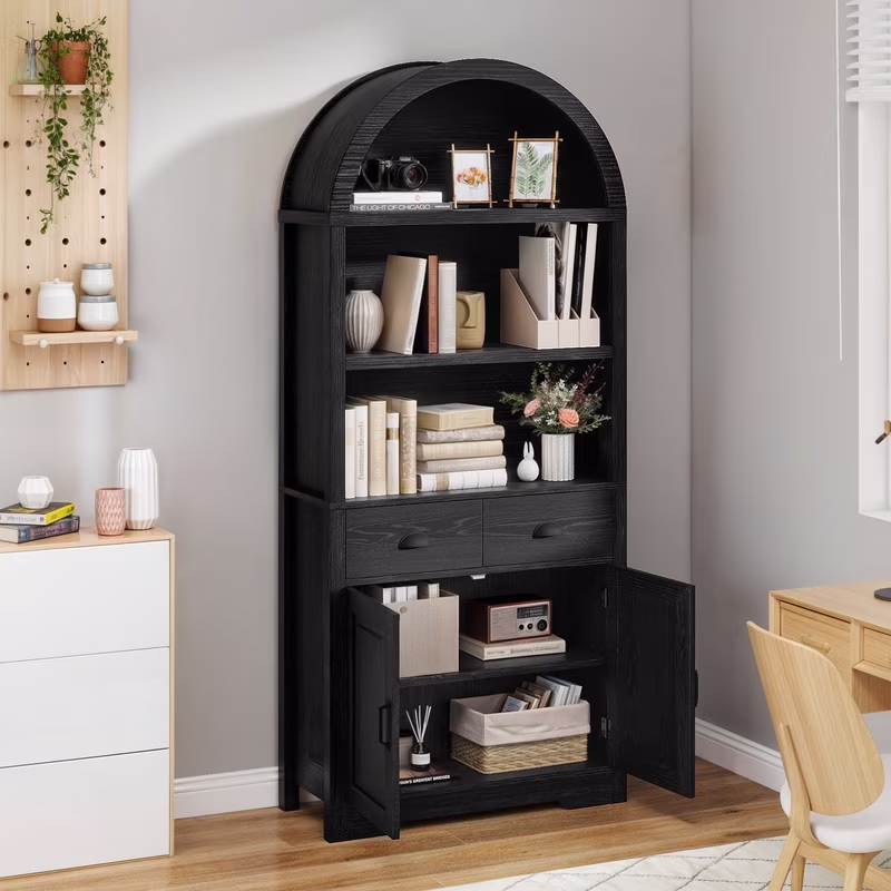 71 " Tall Bookshelf with Storage, Wooden Arched Bookcase with 2 Drawers and Shelves for Living Room, Black