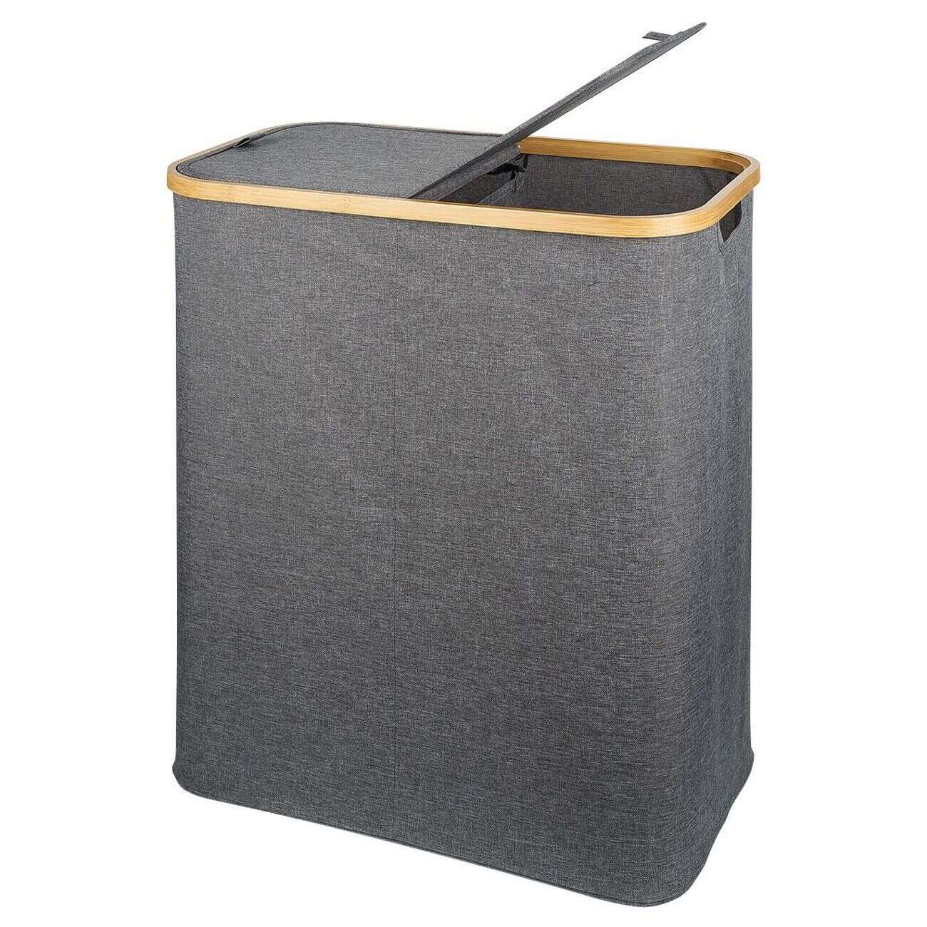 Coffre à linge double 50L bambou et tissu gris