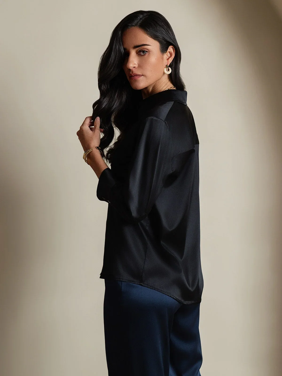 Clearance - 19Momme Silk 3/4 Sleeve Lapel Collar Women's Shirt with Button Up Design