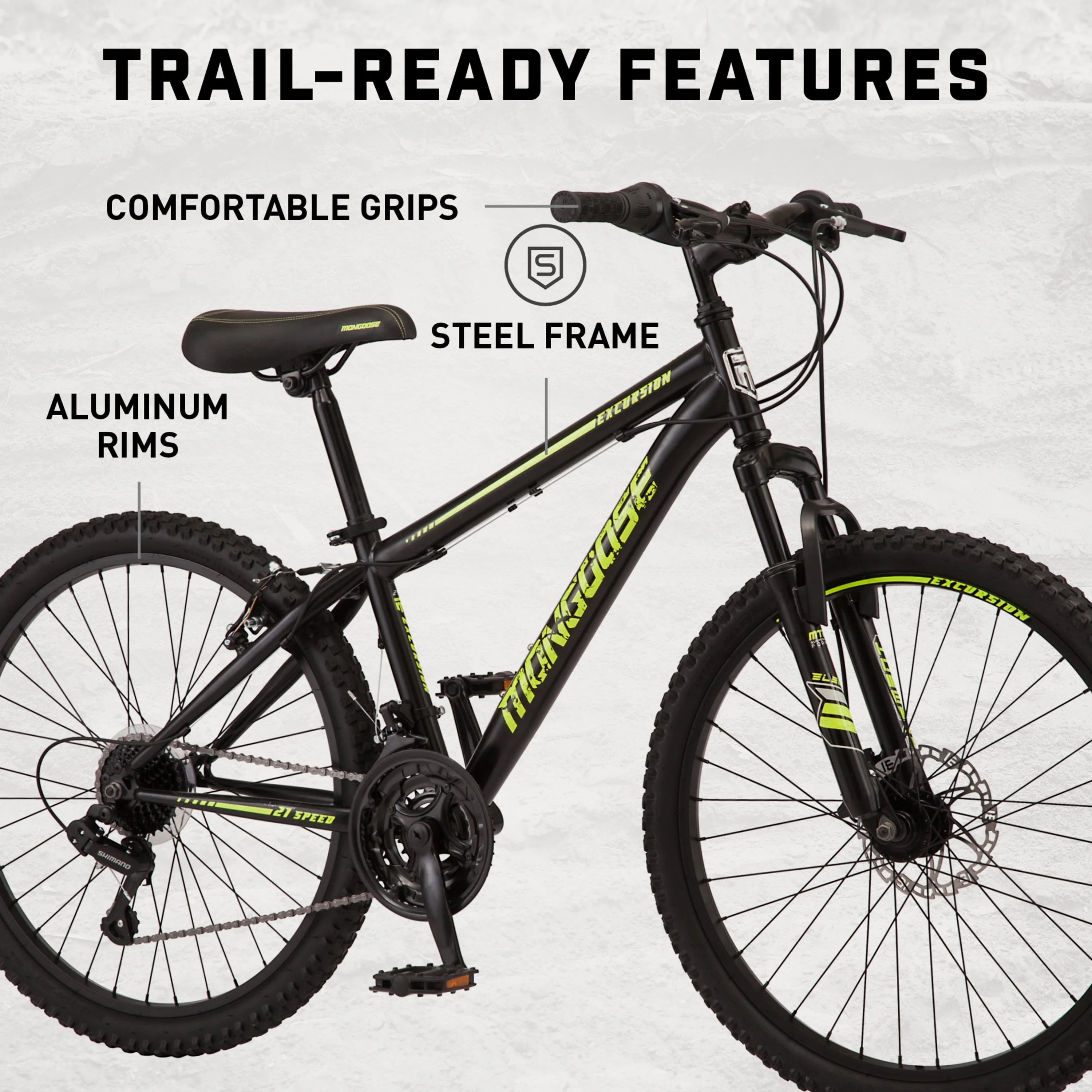 Mongoose 24 - In. Excursion Unisex Mountain Bike, Black and Yellow, 21 Speeds