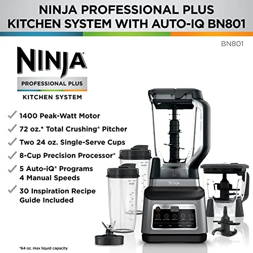 BN801 Professional Plus Kitchen System, 1400 WP, 5 Functions for Smoothies, Chopping, Dough More with Auto IQ, 72 oz * Blender Pitcher, 64 oz Processor Bowl, (2) 24 oz To Go Cups, Grey Image 4