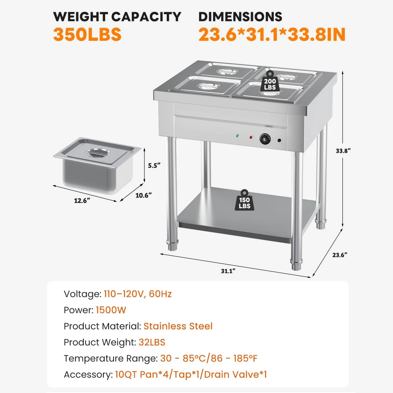 AECOJOY Commercial Food Warmer 1500W Electric Steam Table with 4x10QT Pans & Shelf