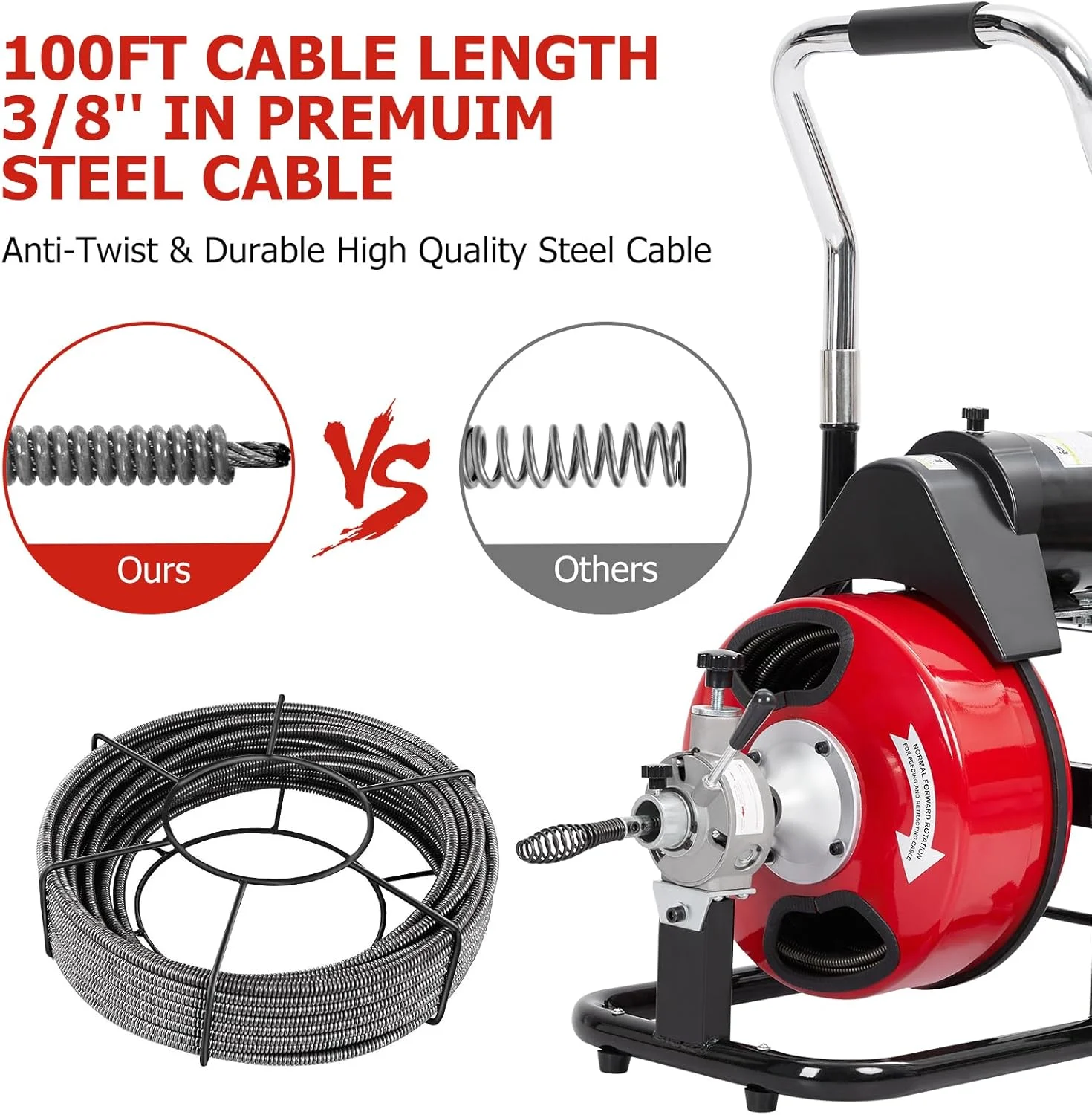 Auto Feed 100 FT x 3/8 Inch Drain Cleaner Machine with 250W Motor, Portable Sewer Snake Auger with 8 Cutters Air-Activated Foot Switch, Fits 1" to 4" Pipes(3/8inch 250W/100FT) - Image 3