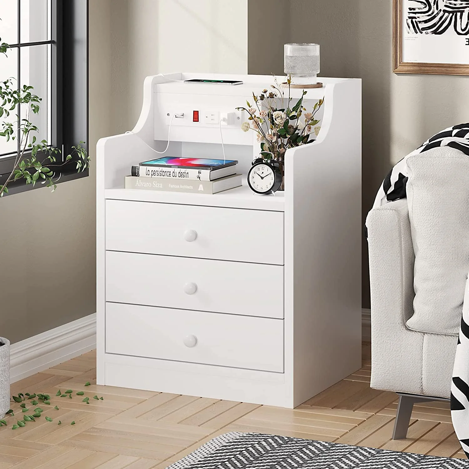 ADORNEVE Nightstand with Charging Station and 3 Storage Drawers, White(1PCS/Black) Image 4