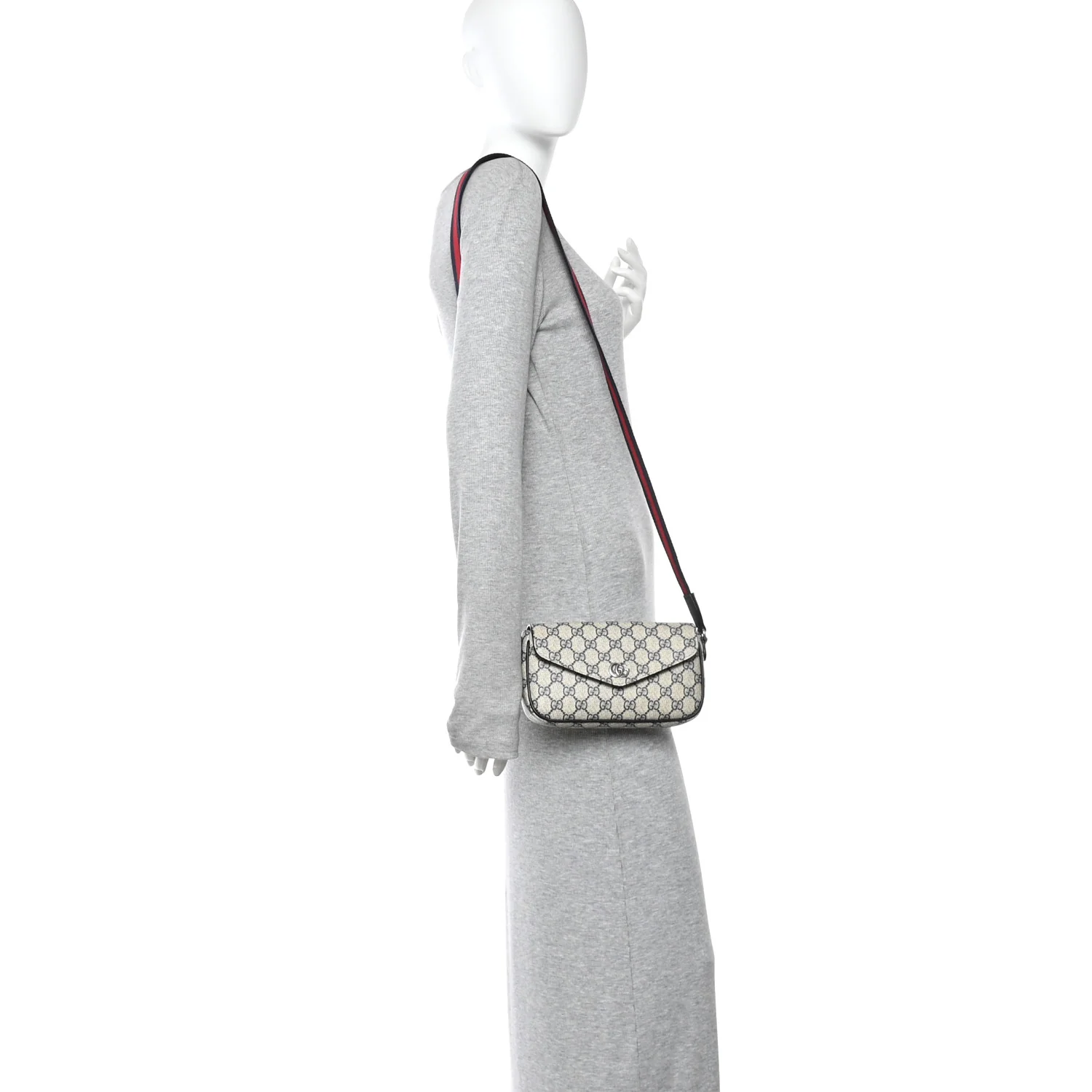 GG Supreme Monogram Textured Dollar Calfskin Web Mini Ophidia Envelope Shoulder Bag Beige Blue