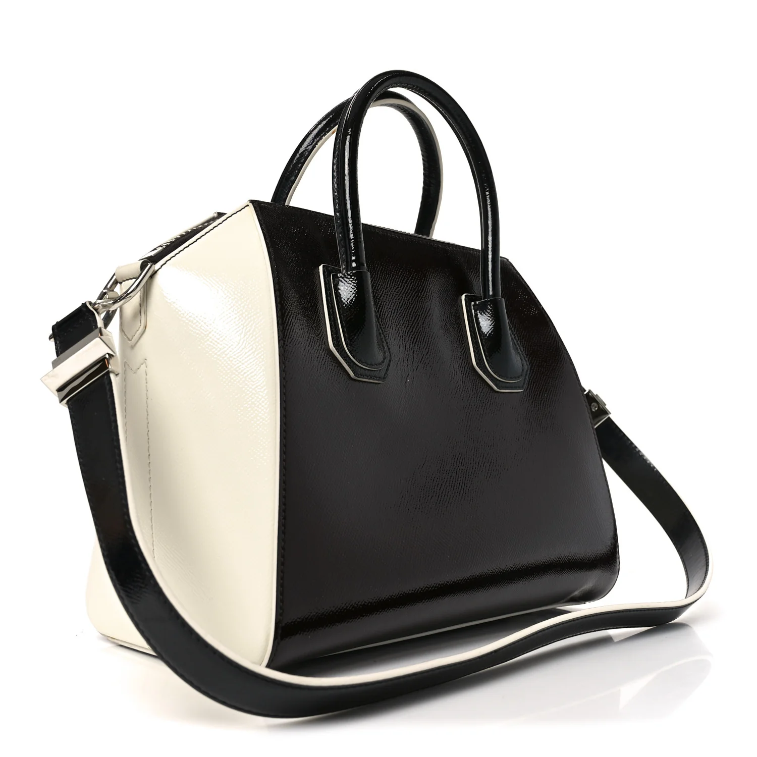 Textured Patent Calfskin Small Tri-Color Antigona Black White Brown