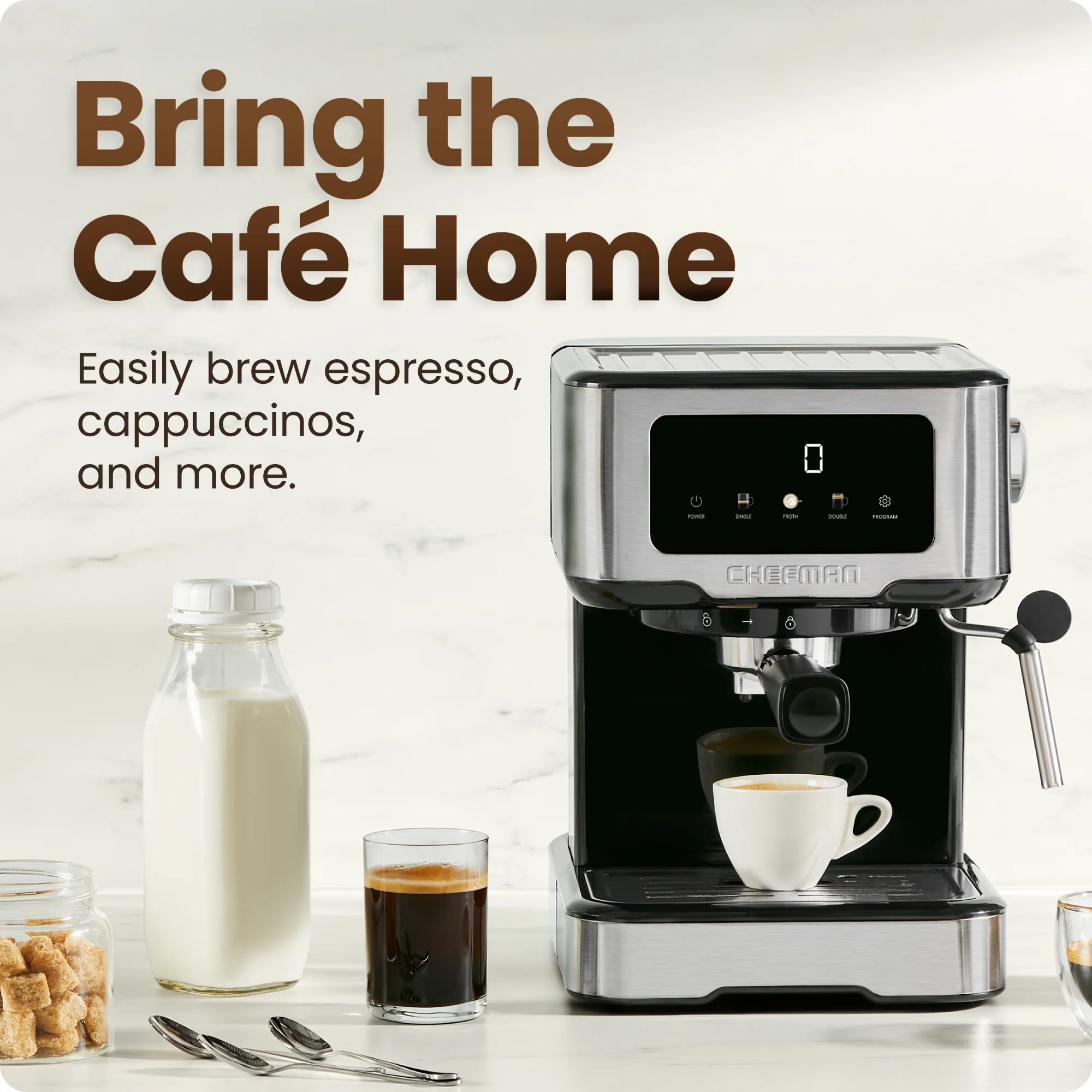 Chefman Craftbrew Espresso Machine W/ Steam Wand and Touch Controls - Stainless Steel