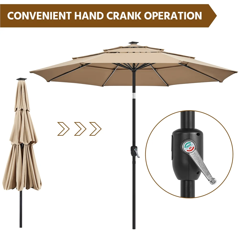 10 Ft Outdoor Patio Parasol with Color-Changing LED Strip, Tan(Beige) - Image 7