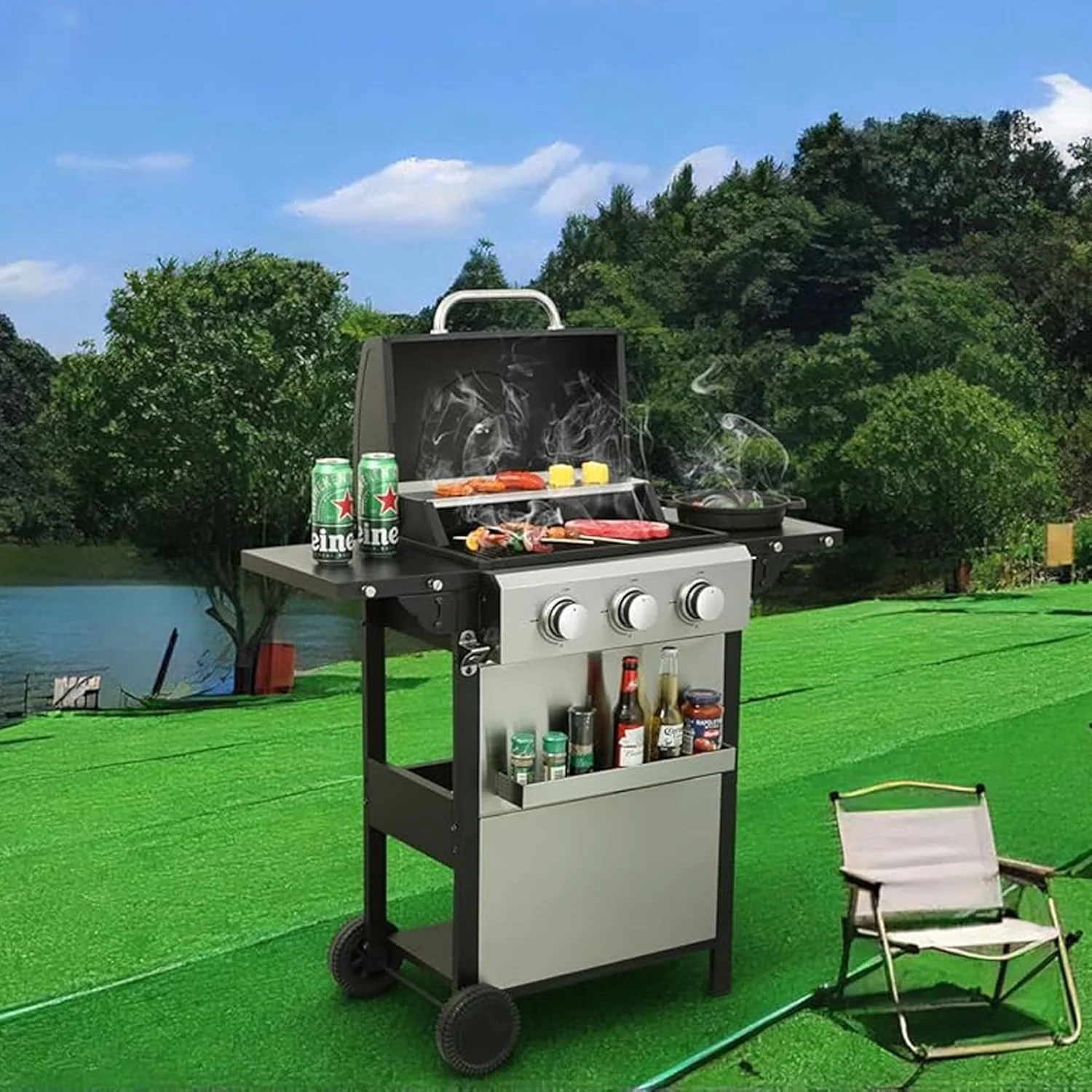 3-Burner Propane Gas BBQ Grill with Thermometer Wire Enamel Cooking Grids, 25,650 BTU Output Stainless Steel Grill with Foldable Side Table for Outdoor Barbecue(25650) - Image 10