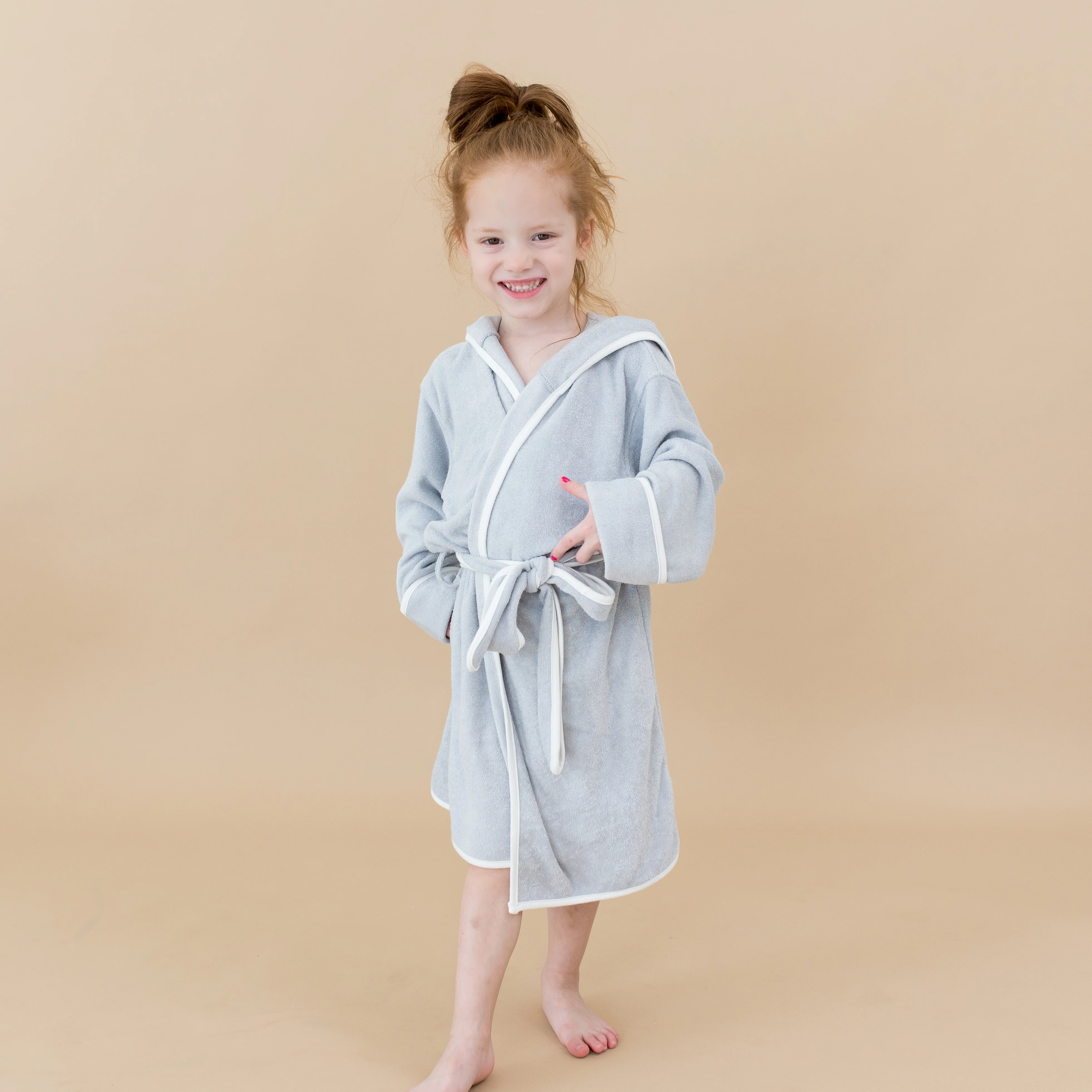 Hooded Bath Robe in Storm with Cloud Trim