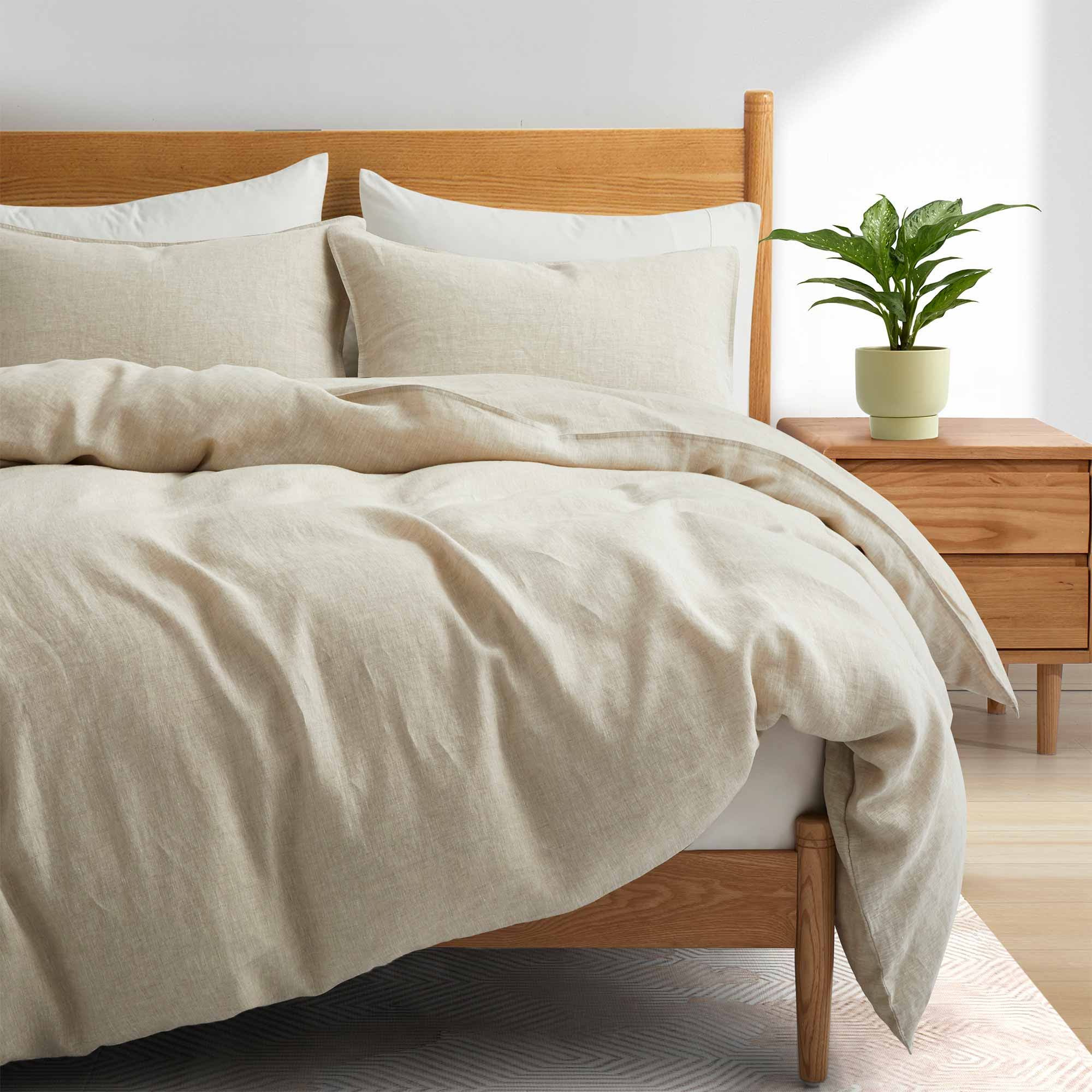 100% Premium Flax Linen Duvet Cover Set with Pillowcases Breathable Moisture Wicking, Full/Queen / Cream
