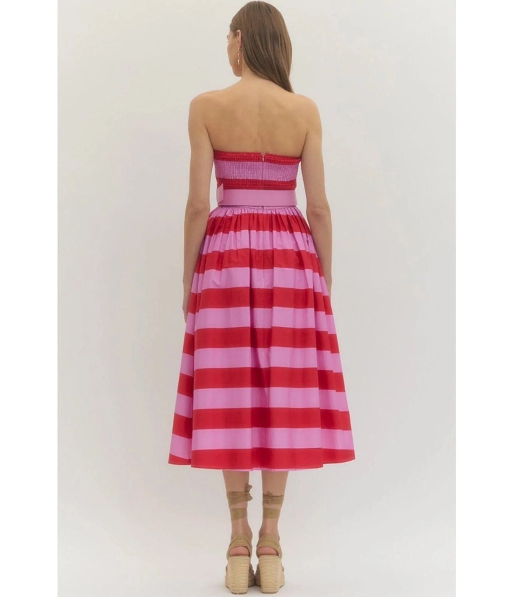 Pink & Red Stripe Strapless Midi Dress