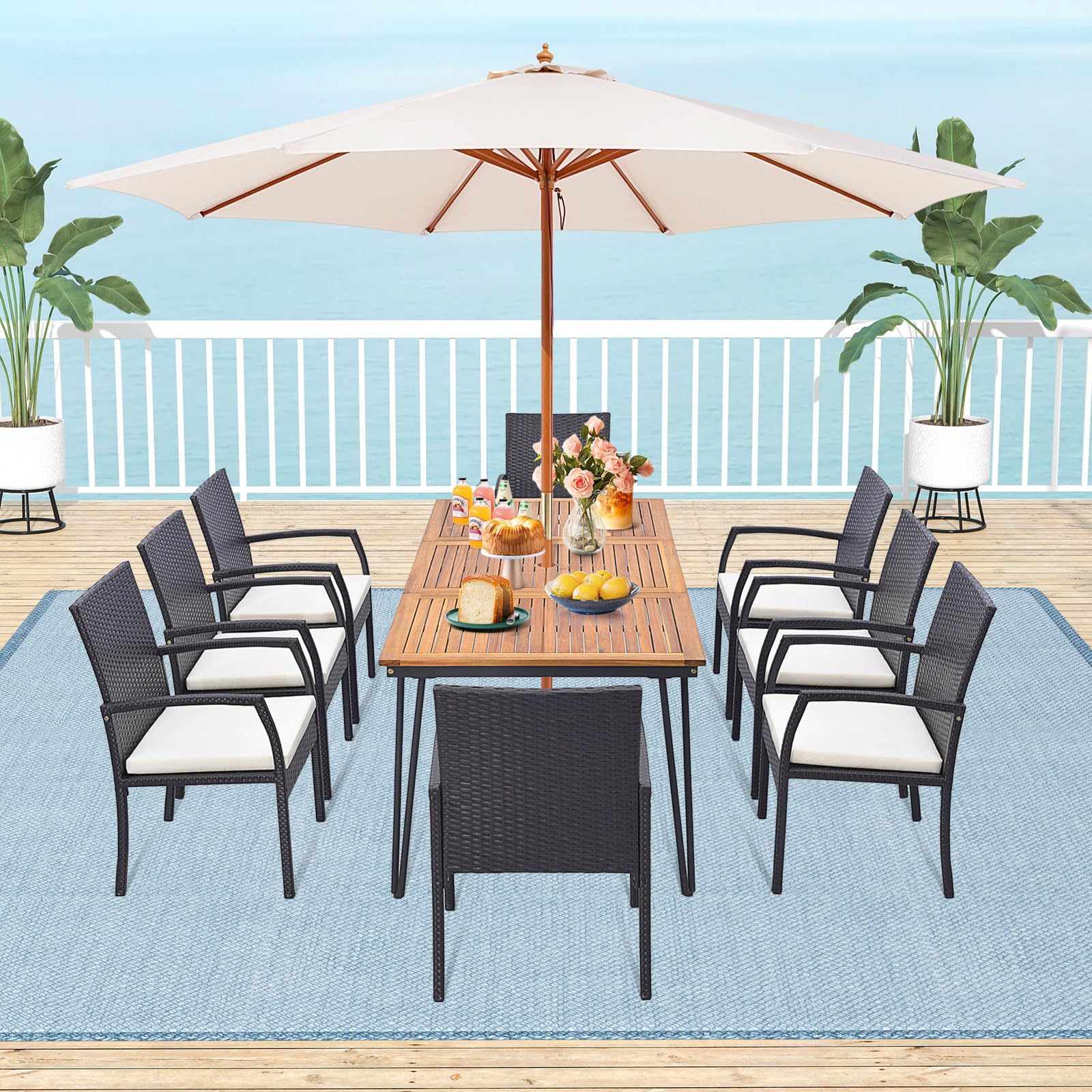 Tangkula 9 Pieces Patio Rattan Dining Set with Acacia Wood Table