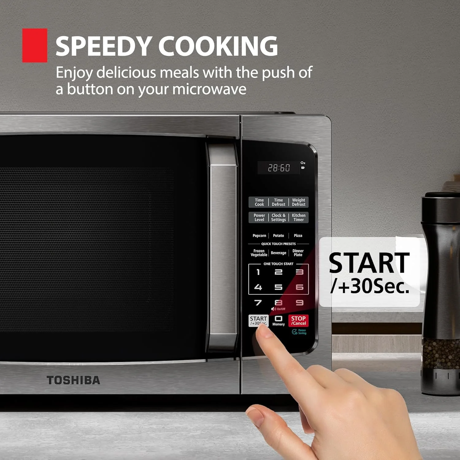 TOSHIBA 0.9 cu ft Microwave Oven, 6 Auto Menus, Mute Function, Child Lock, 900W, Stainless Steel