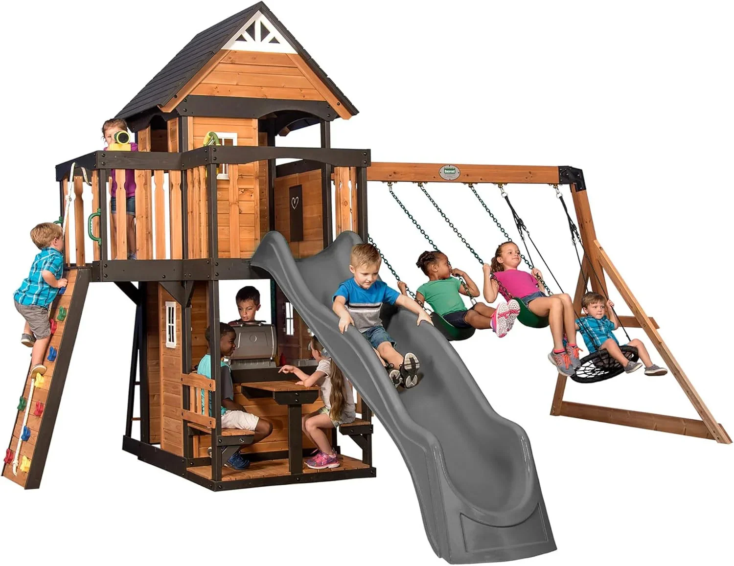 Canyon Creek Cedar Wood Swing Set with Wave Slide, Clubhouse, Play Kitchen, Picnic Area, Belt Swings, Web Swing, Rock Wall, Balconies,…