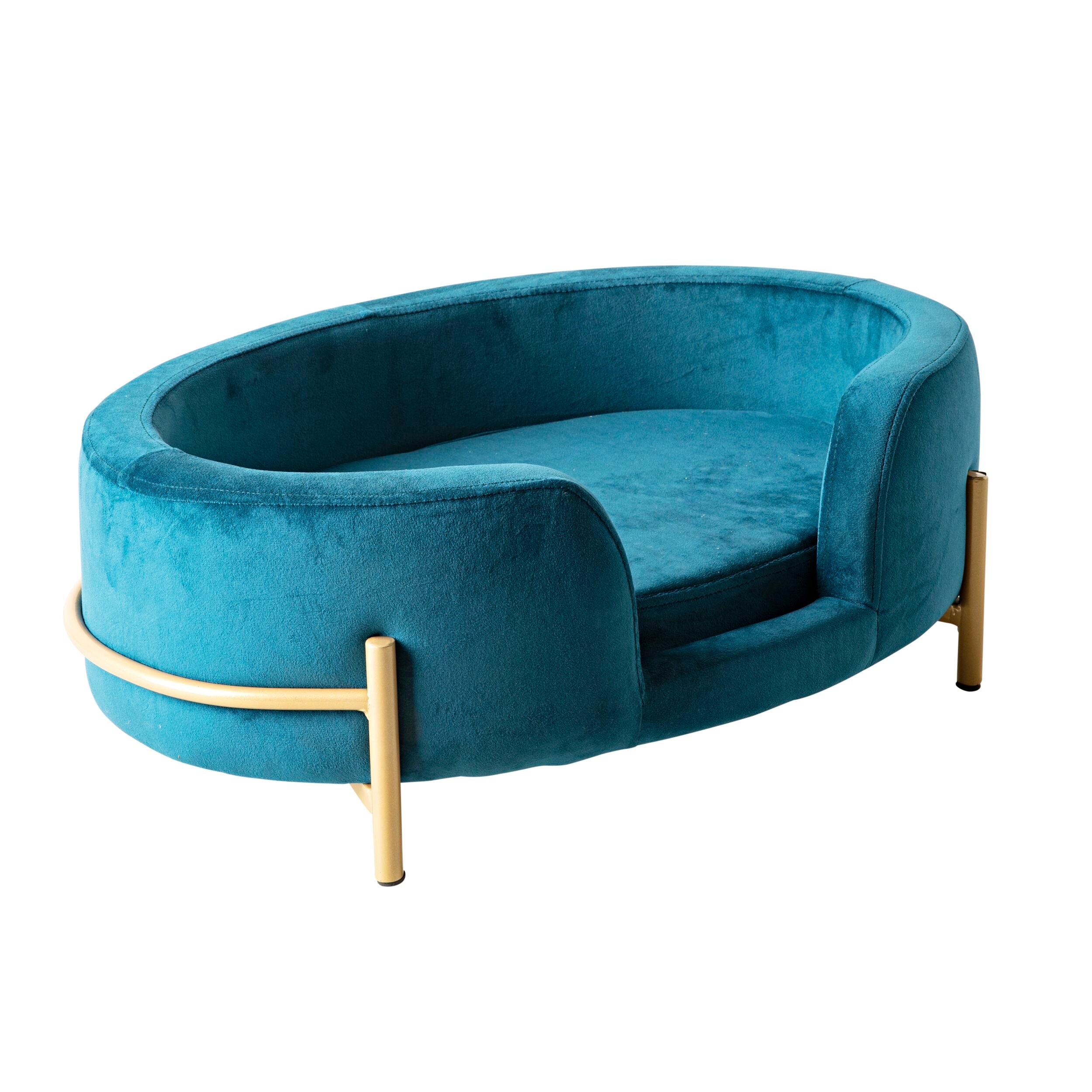 Oval Velvet Pet Bed Teal Blue 64x41x24cm