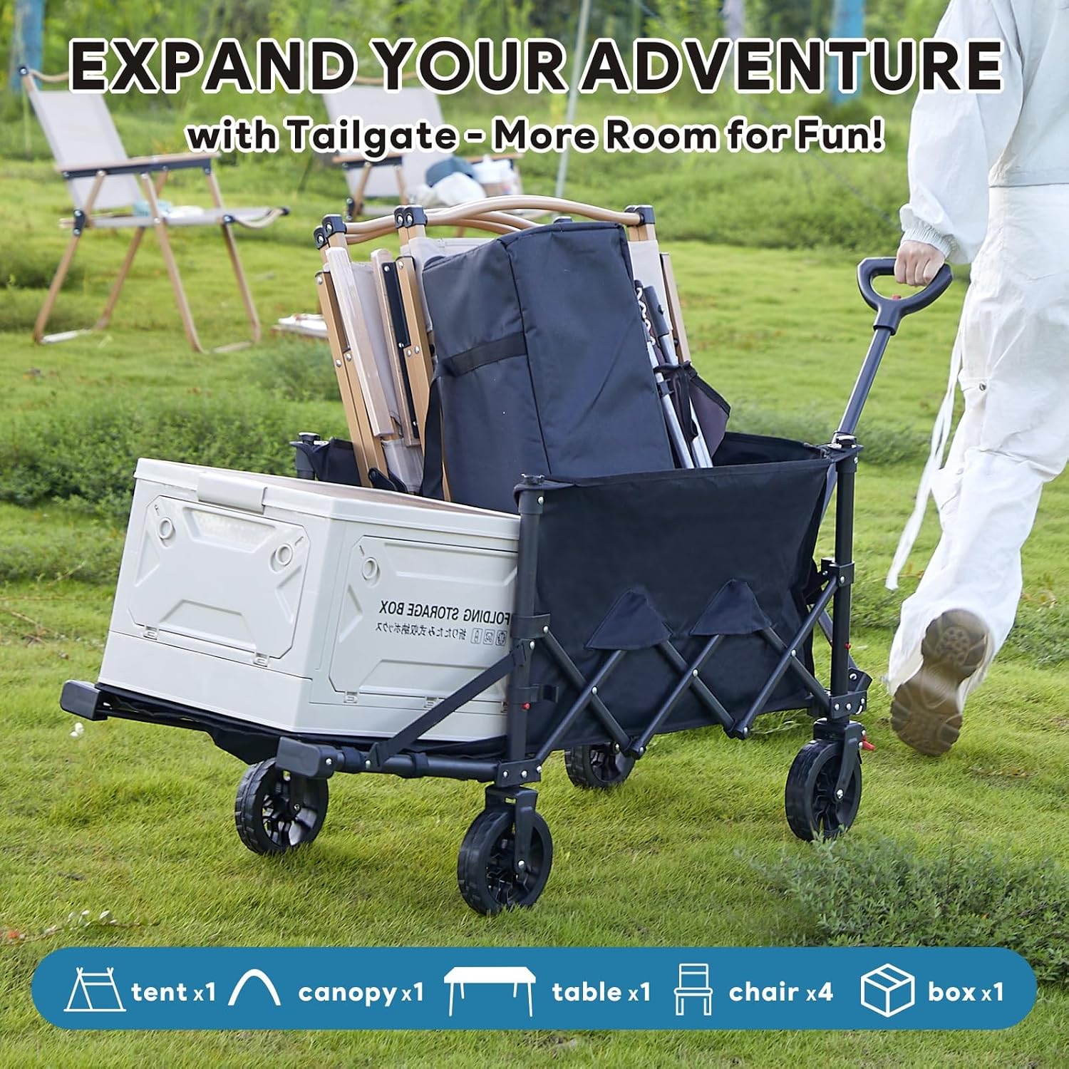 Outdoor Camping Trailer with Detachable Wheels, Portable Folding Multi-Functional Travel Trailer with Tailgate Extension, Ideal for Outdoor Camping and Grocery Shopping