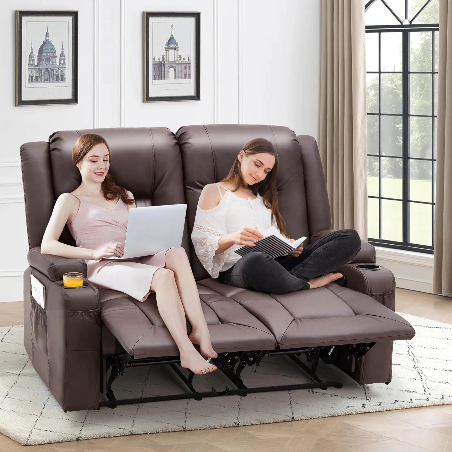 AECOJOY Loveseat Recliner with Cup Holders&Side Pockets, Brown, 2