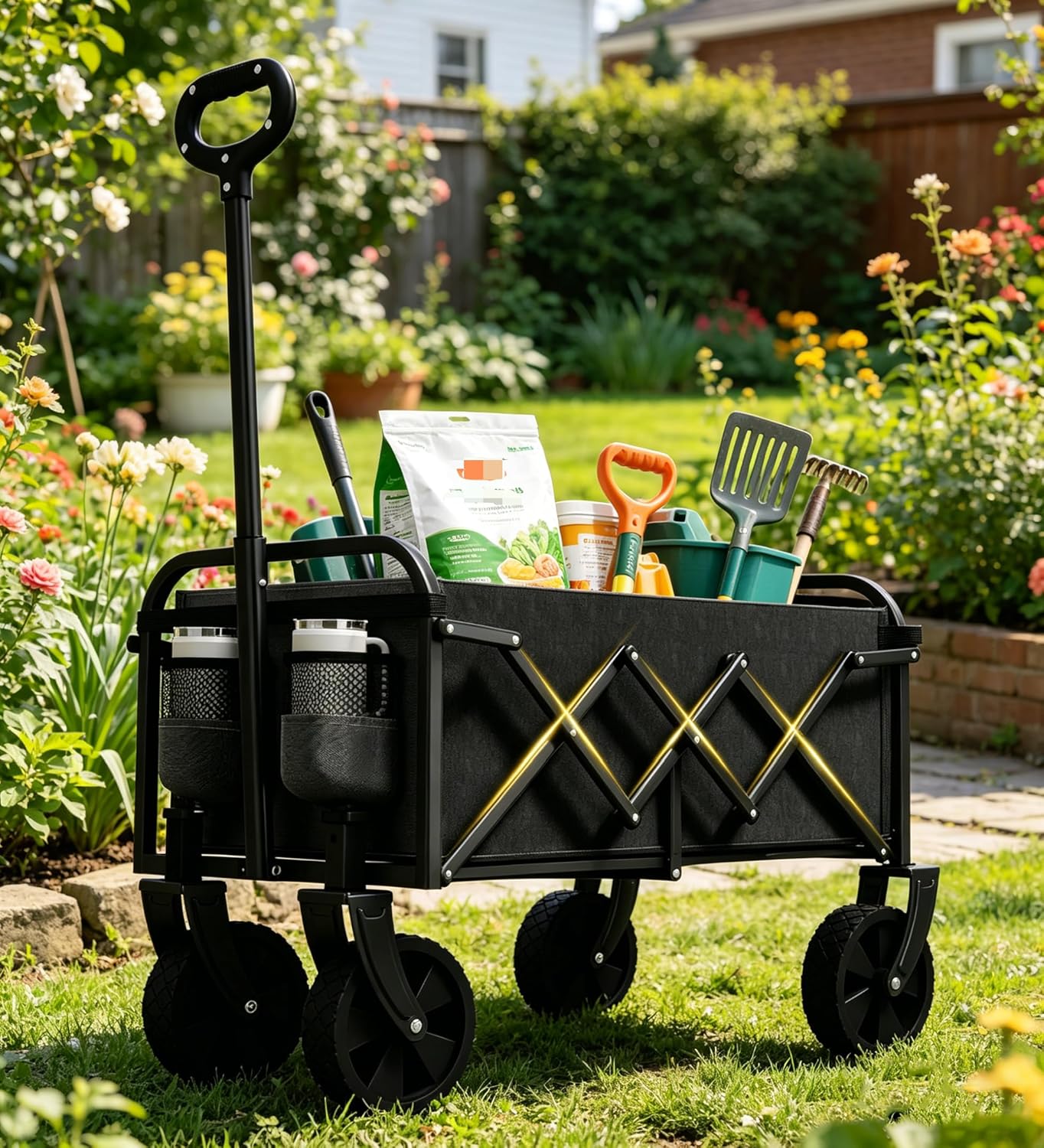 Foldable Wagon, Collapsible Wagon with Wheels, Small Cart with Flexible Handle, Portable Utility Wagon for Grocery Shopping, Camping, Garden, Sports, Black