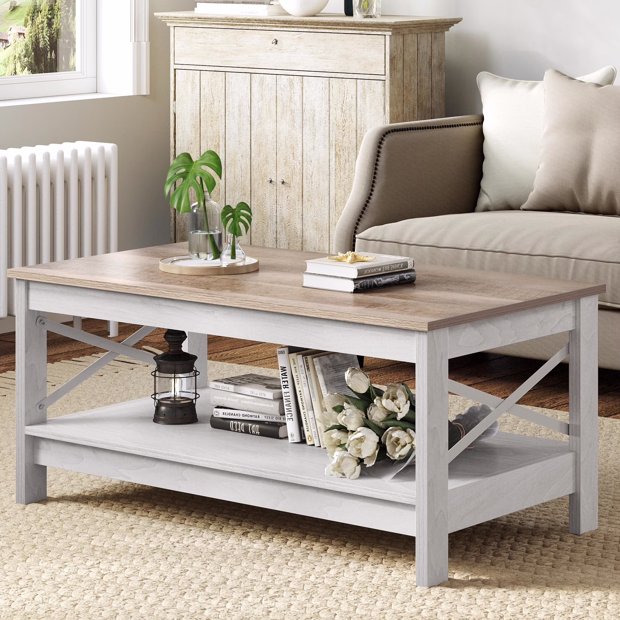 Farmhouse Coffee Table with Storage 2-Tier Center Table for Living Room Grey Wash Top+White(Grey Wash Top+White)