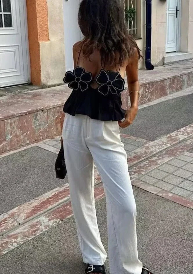 Haut noir en satin pour femme à col bénitier