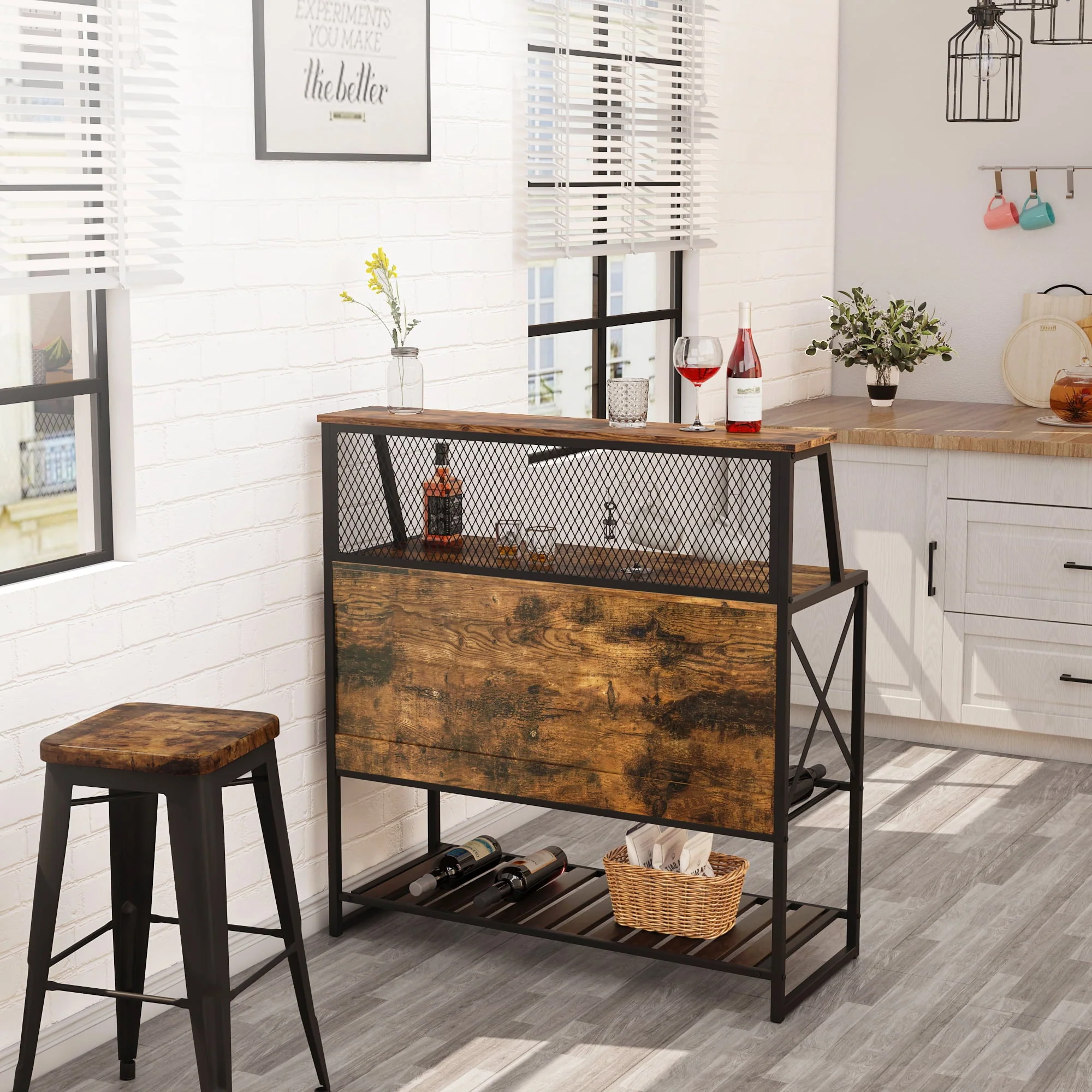 Bestier 3 Tier Liquor Bar Table Wine Bar Cabinet Coffee Station for Kitchen Rustic(Gray)