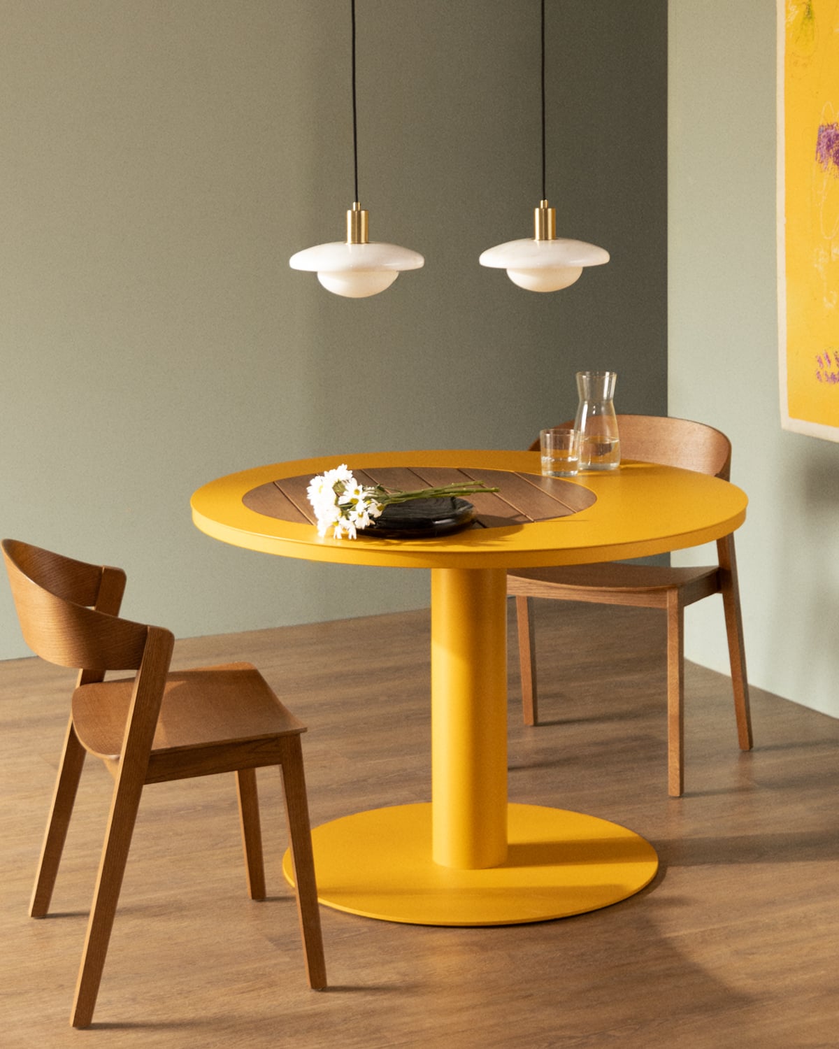 Lirae - Mesa de Comedor Redonda de Metal y Madera de Teca (Ø110 cm) Lirae