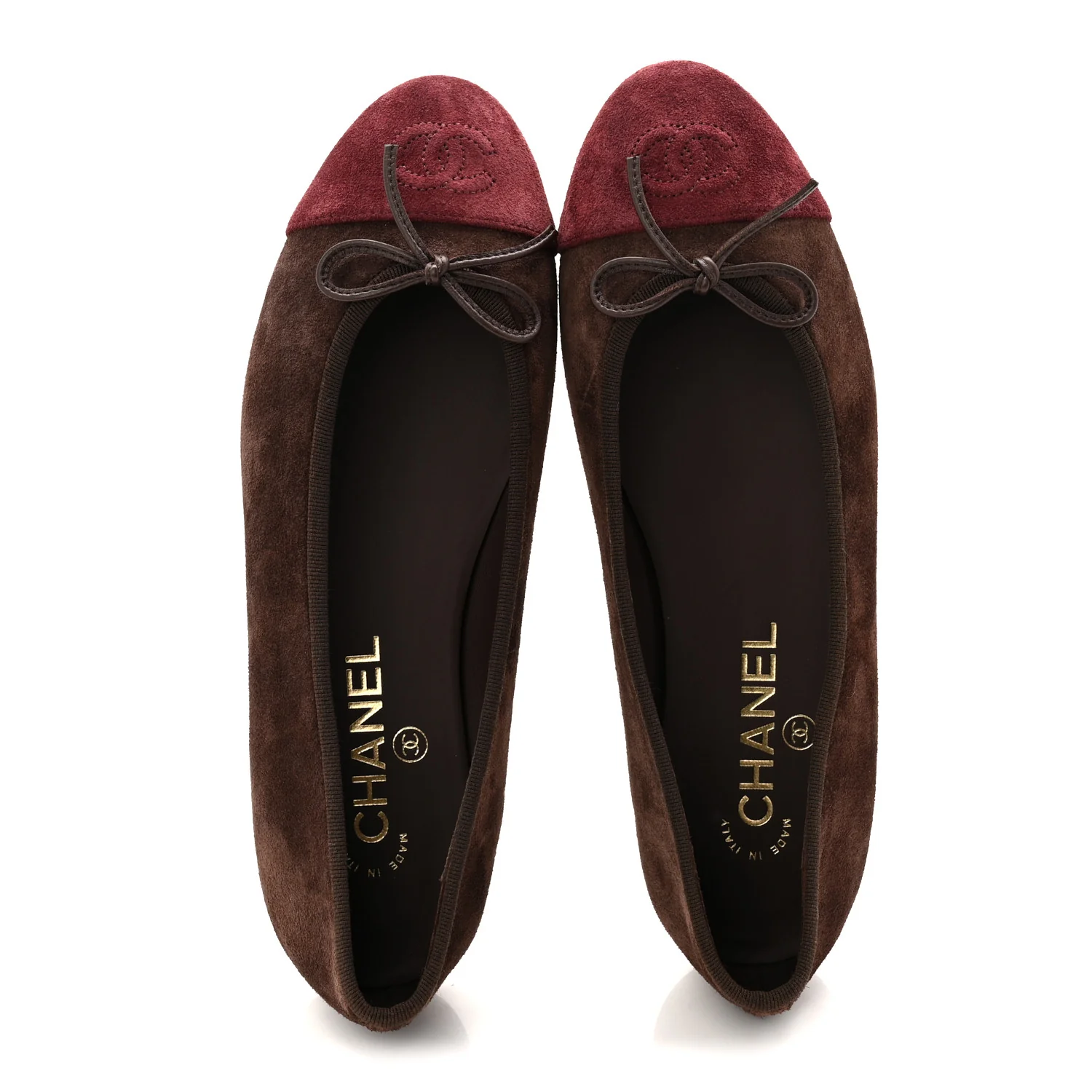 Suede Calfskin Cap Toe CC Ballerina Flats 37.5 Dark Brown Burgundy