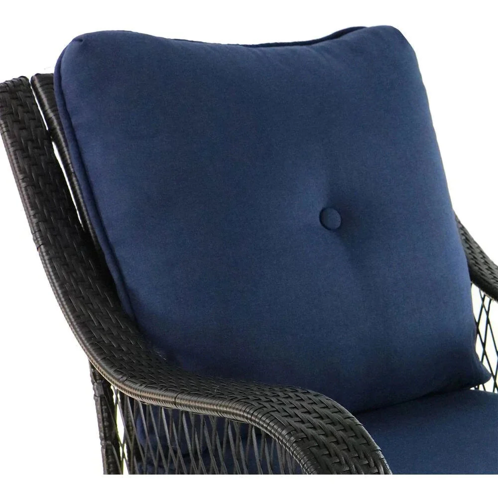Ensemble de conversation 5 pièces en acier avec foyer extérieur, coussins bleu marine, fauteuils pivotants et table de foyer carrée (collection 2025).