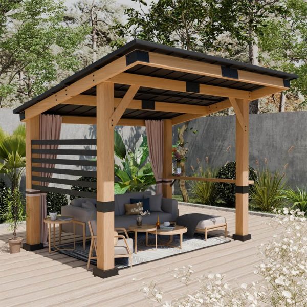 [10x12FT] Gazebo extérieur haut de gamme robuste toutes saisons en bois de cèdre avec toit rigide, toit en métal et rideaux arrière (SAK57184)
