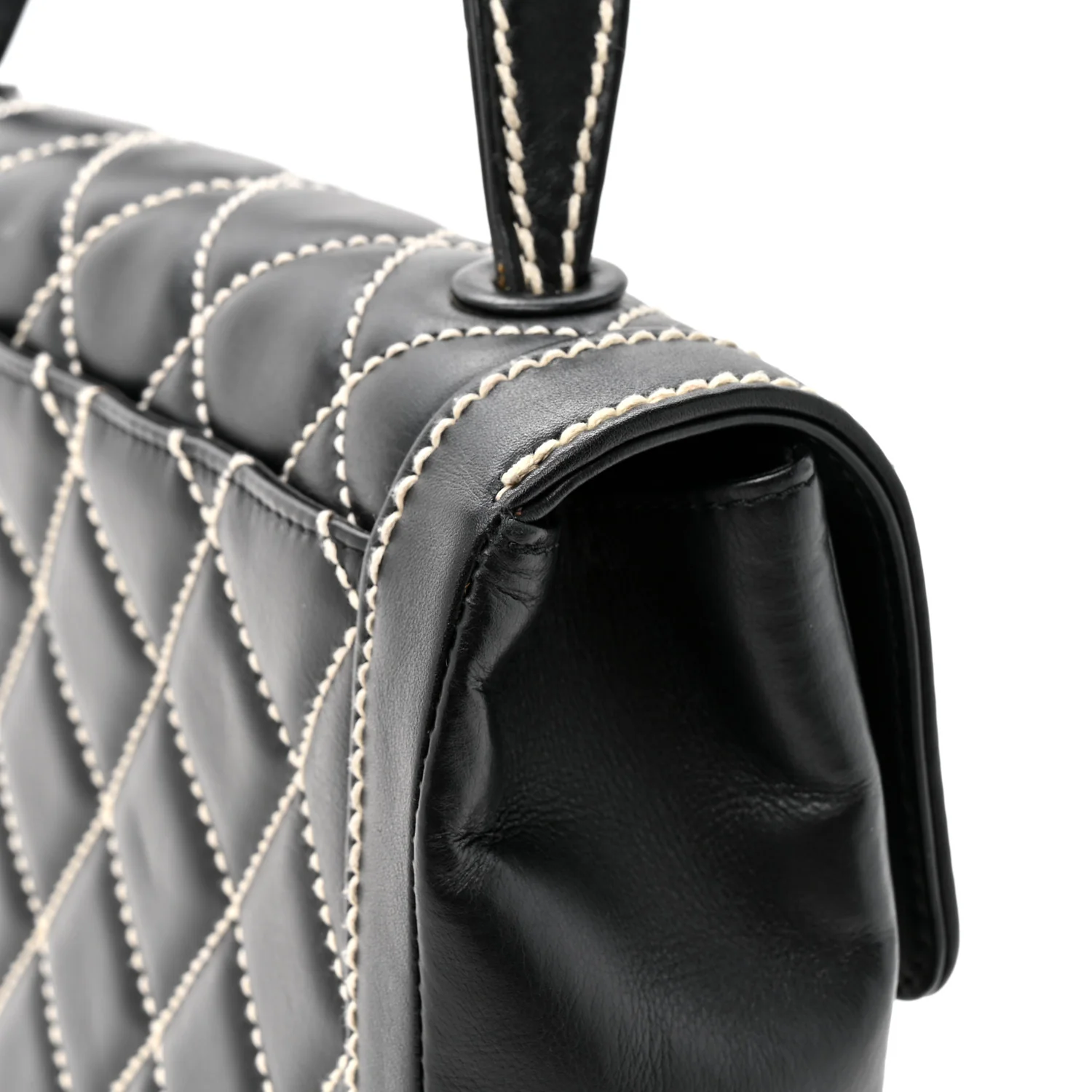 Calfskin Quilted Wild Stitch Large Top Handle Flap Black