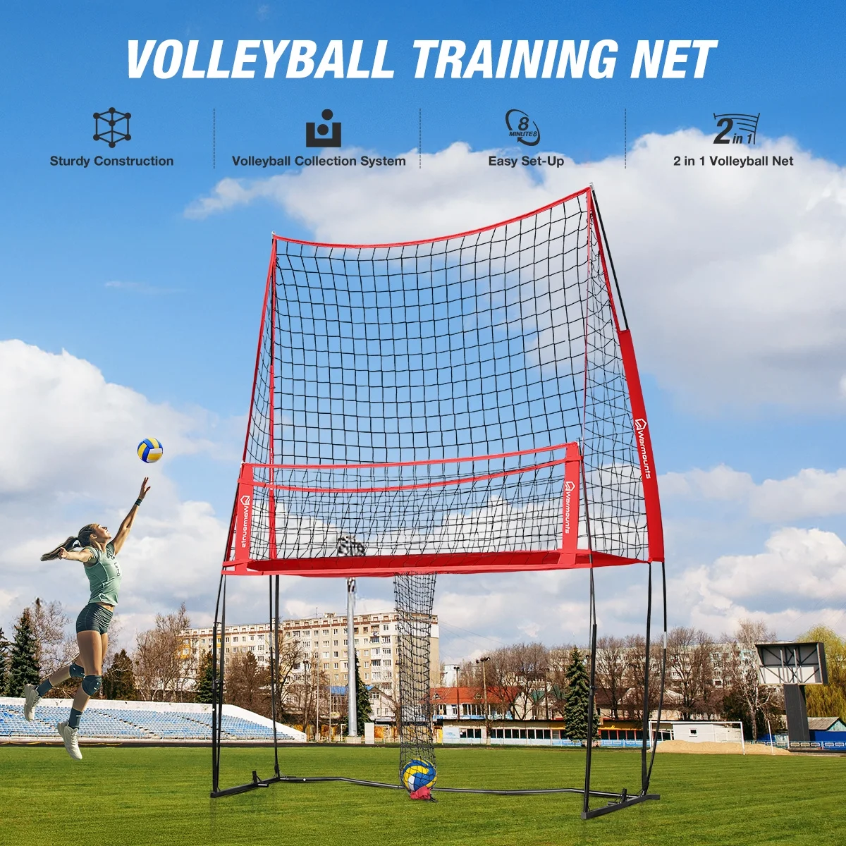 11*8 ft Volleyball Net w/ Ball Return Collection, 2 in 1 Volleyball Training Equipment Adjustable Height, Volleyball Net for Backyard Hitting Serving Passing(Red) - Image 8