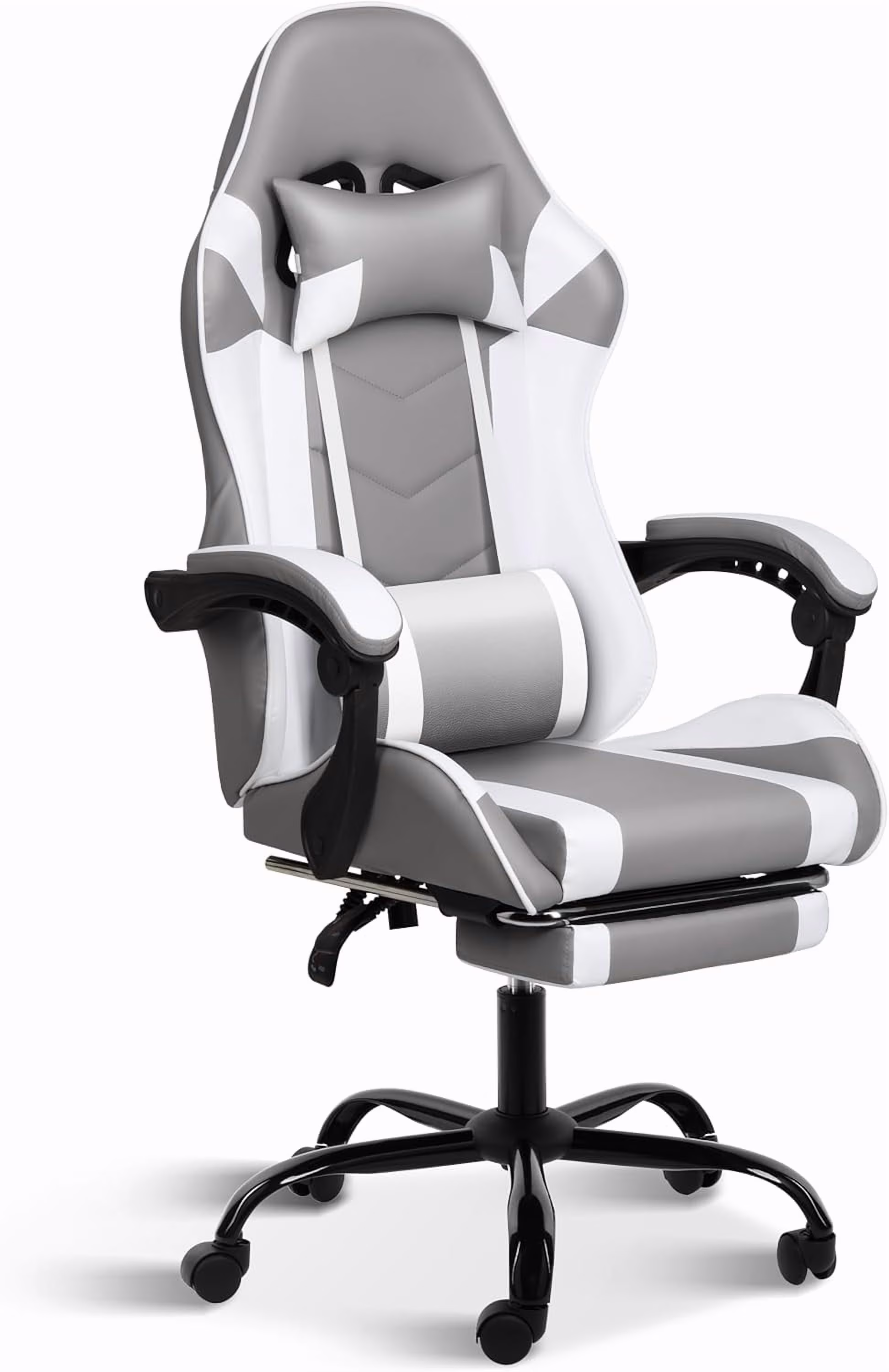 SECONDPEAK Gaming Chair, Backrest and Seat Height Adjustable Swivel Recliner Racing Office Computer Ergonomic Video Game Chair with Footrest and Lumbar Support Grey/White With Footrest