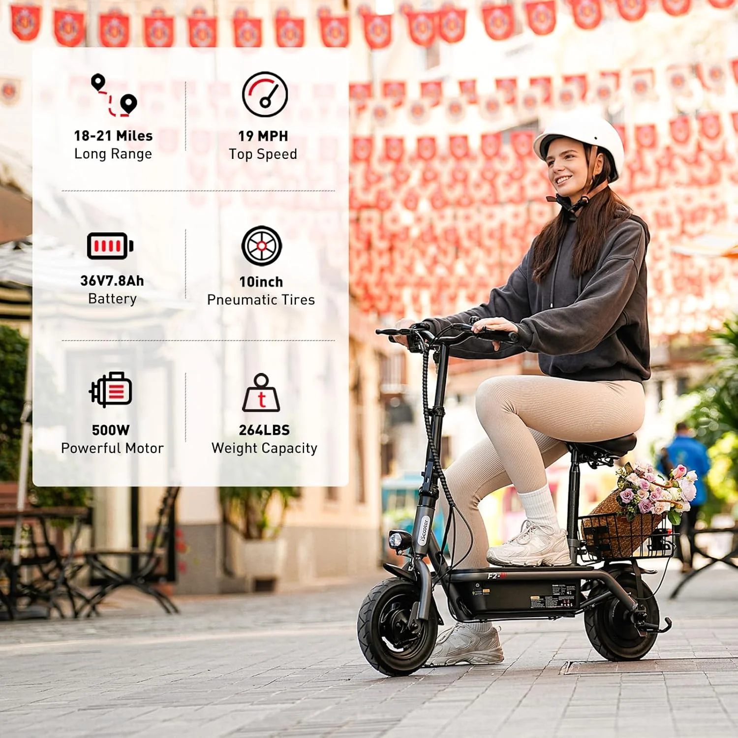 Trottinette électrique iScooter avec siège, autonomie de 60/34 km, vitesse maximale de 45/30/25 km/h, double suspension et panier