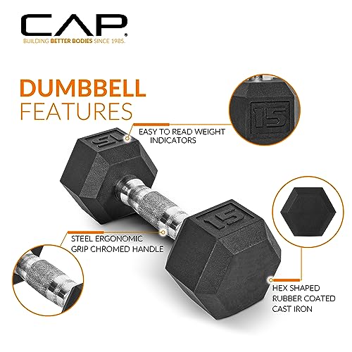 Ensemble d'haltères hexagonales revêtues CAP Barbell 2025 de 68 kg (150 lb) avec support vertical, noir