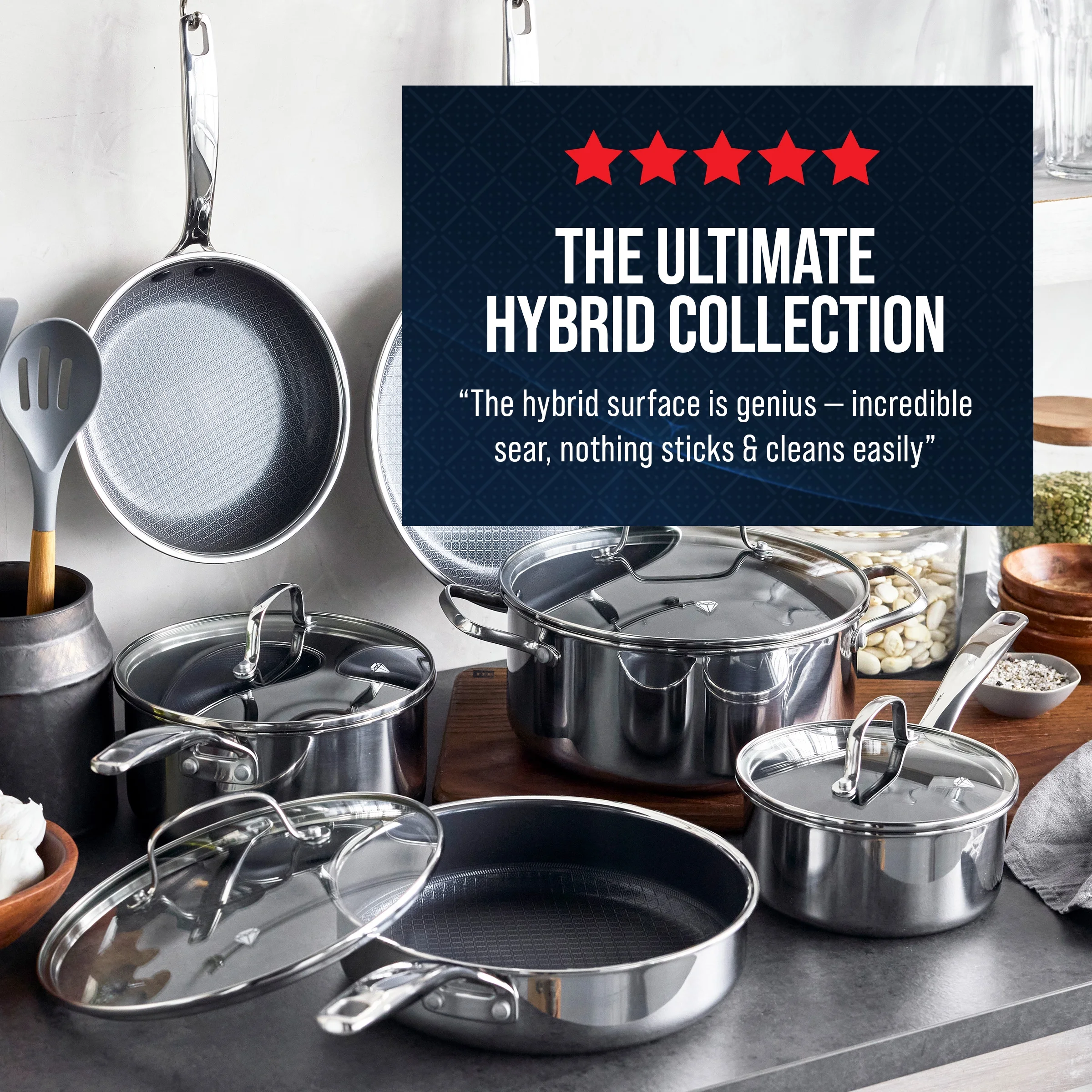 Blue Diamond 10 - Piece Diamond - Bond Hybrid Ceramic Nonstick Stainless Steel Cookware Set, Dishwasher Safe