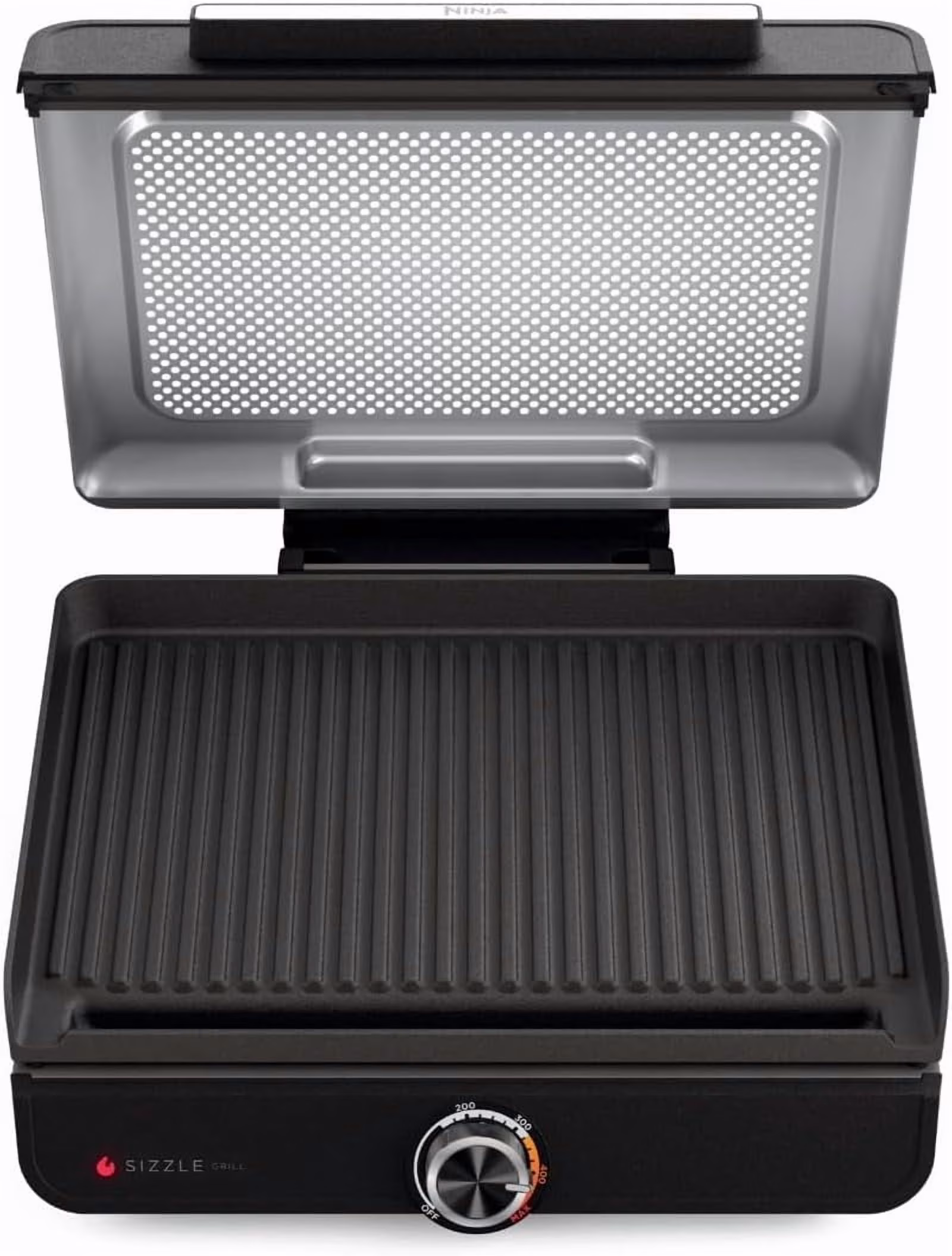 Ninja Sizzle Indoor Grill, 500F High Heat Kitchen Grill with Nonstick 14 in Plate, Low - Smoke Technology, Edge - to - Edge Heating, Family - Sized Capacity, Countertop Cooking Tool (GR100)