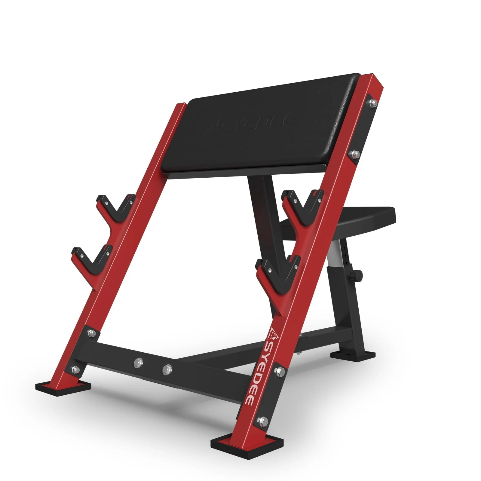 Syedee Preacher Curl Bench, Seated Arm Isolated Barbell Dumbbell Bicep Station, Bicep Curl Machine with 2 Bar Holders for Home Gym (Red)