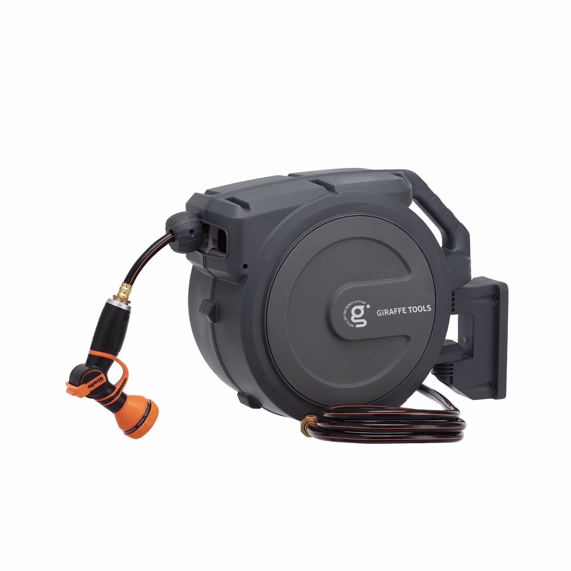 Giraffe Tools Retractable Garden Hose Reel with 1/2in-100ft Water Hose, Plastic Bracket, Wall Mounted, Dark Grey