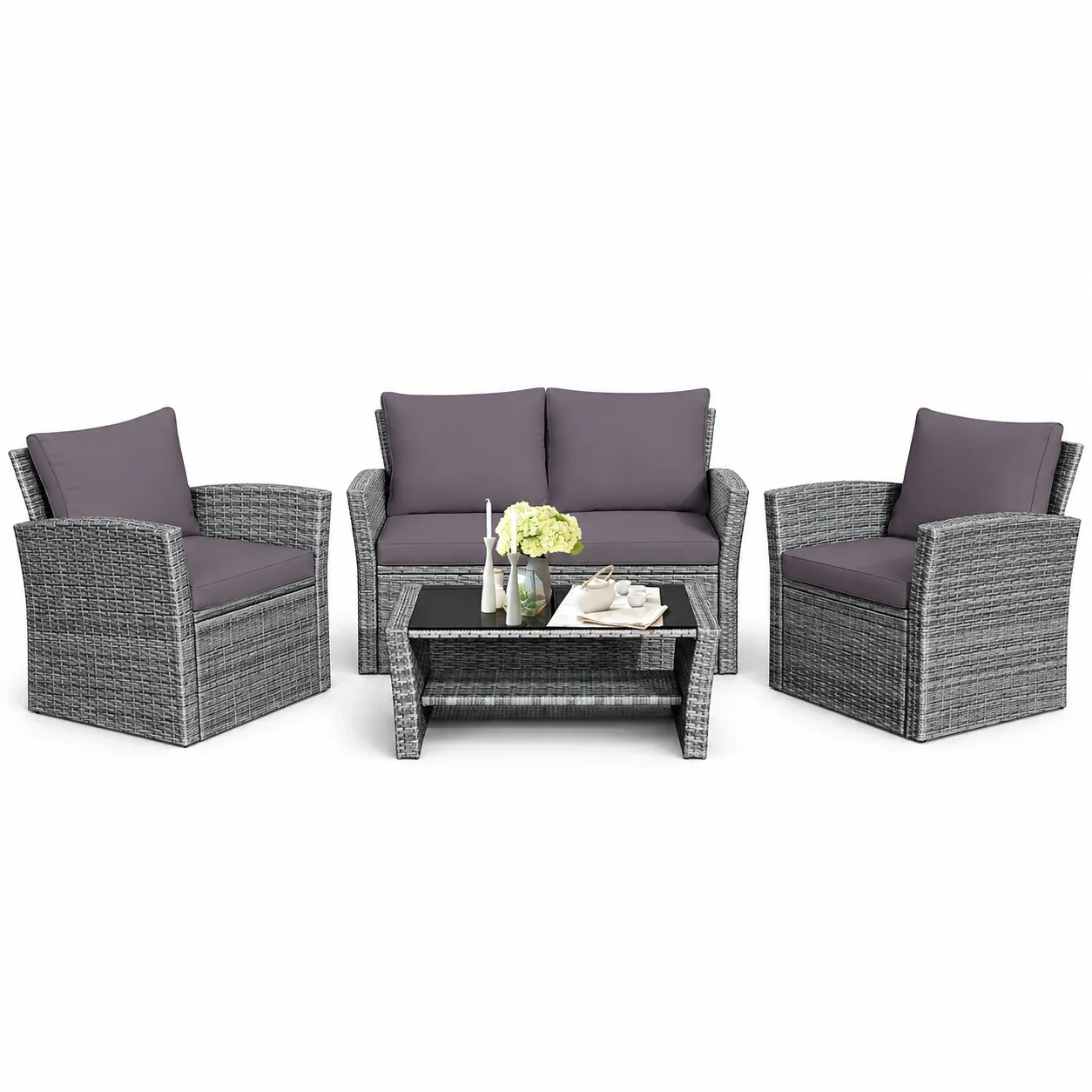 Costway 4PCS Patio Rattan Furniture Set Sofa Table W/Storage Shelf Gray Cushion