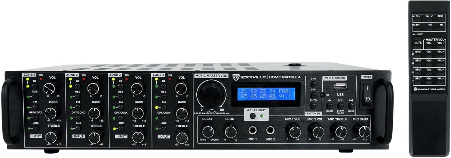 Rockville Home Matrix 4 600W Multi Room Receiver/Amplifier  8-Channel (4 Zones)  Bluetooth  USB  Optical  Coaxial  RCA  Mic Inputs