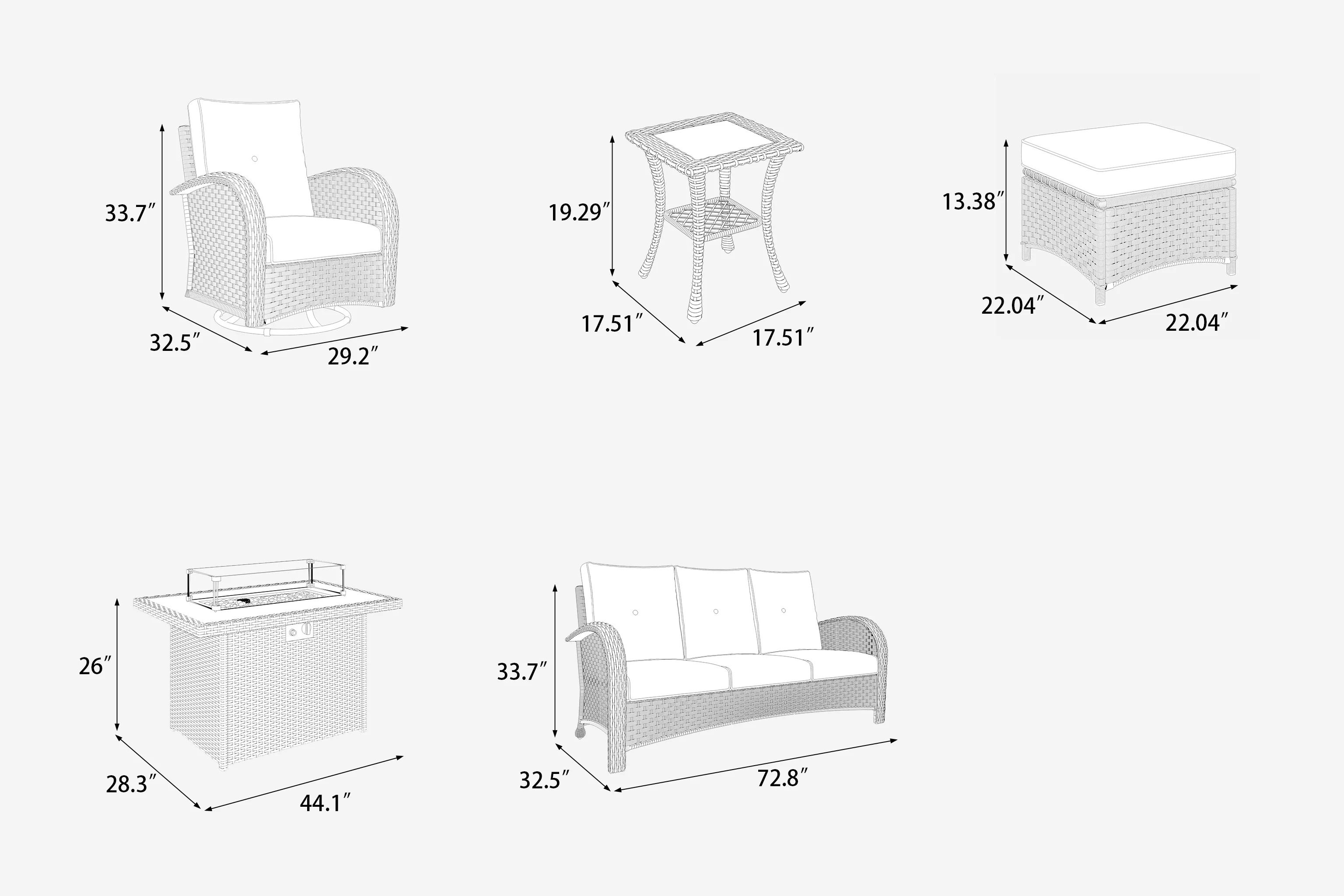7 Pieces Outdoor Patio Furniture Set with Fire Pit Table, Rattan Wicker Sectional Swivel Rocker Chairs Sets(7 PCS 2*Swivel +Sofa+Fire Pit+2*Ottoman+Table/Brown /Navy Blue) Image 8